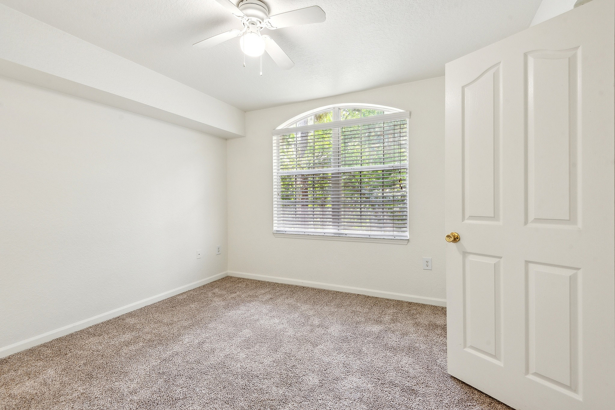 Bright and airy bedroom with plush carpet, large window allowing natural light, and fresh neutral walls, perfect for relaxation.