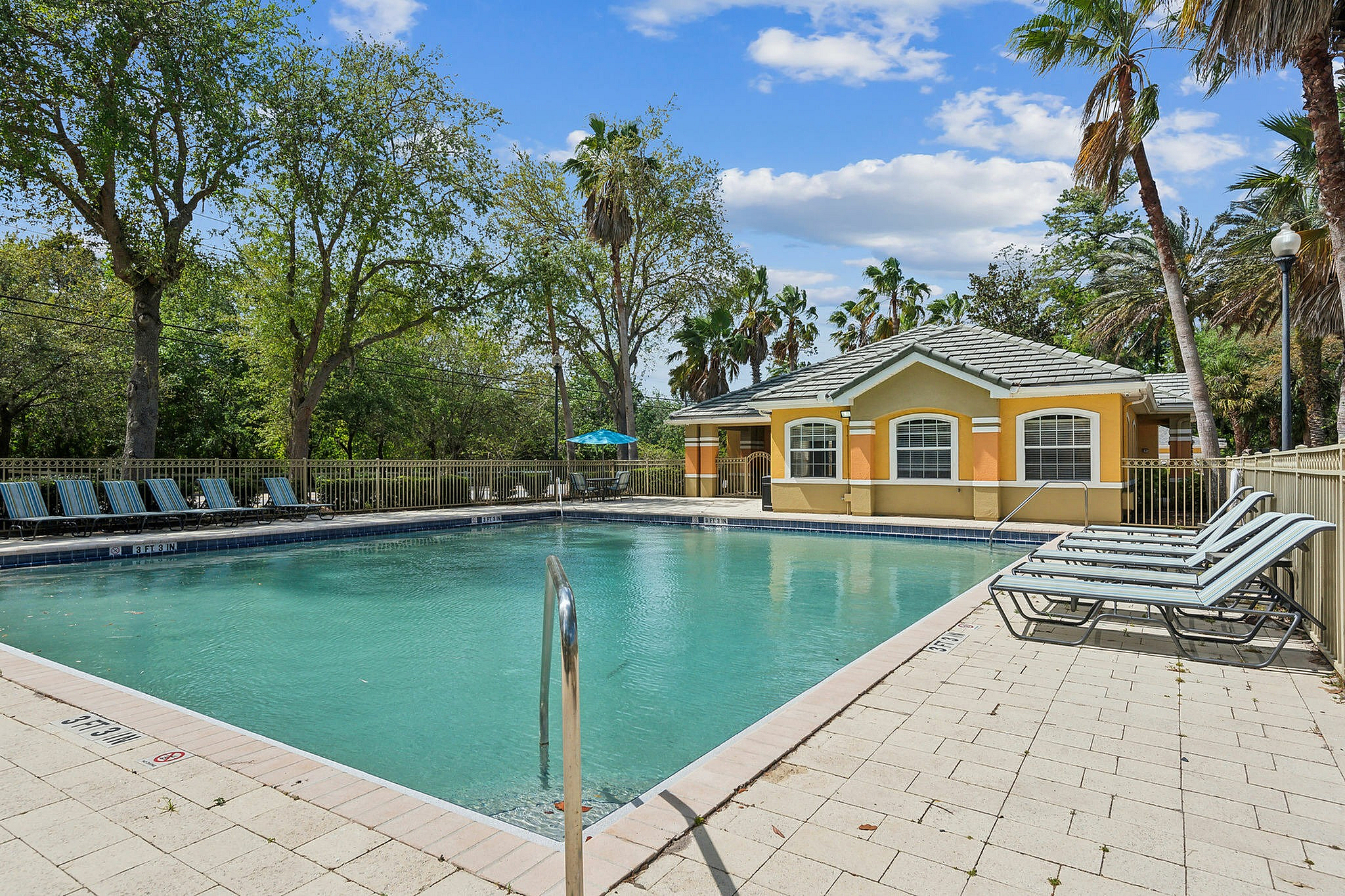 Inviting outdoor swimming pool area with sun loungers surrounded by lush palm trees and vibrant greenery.