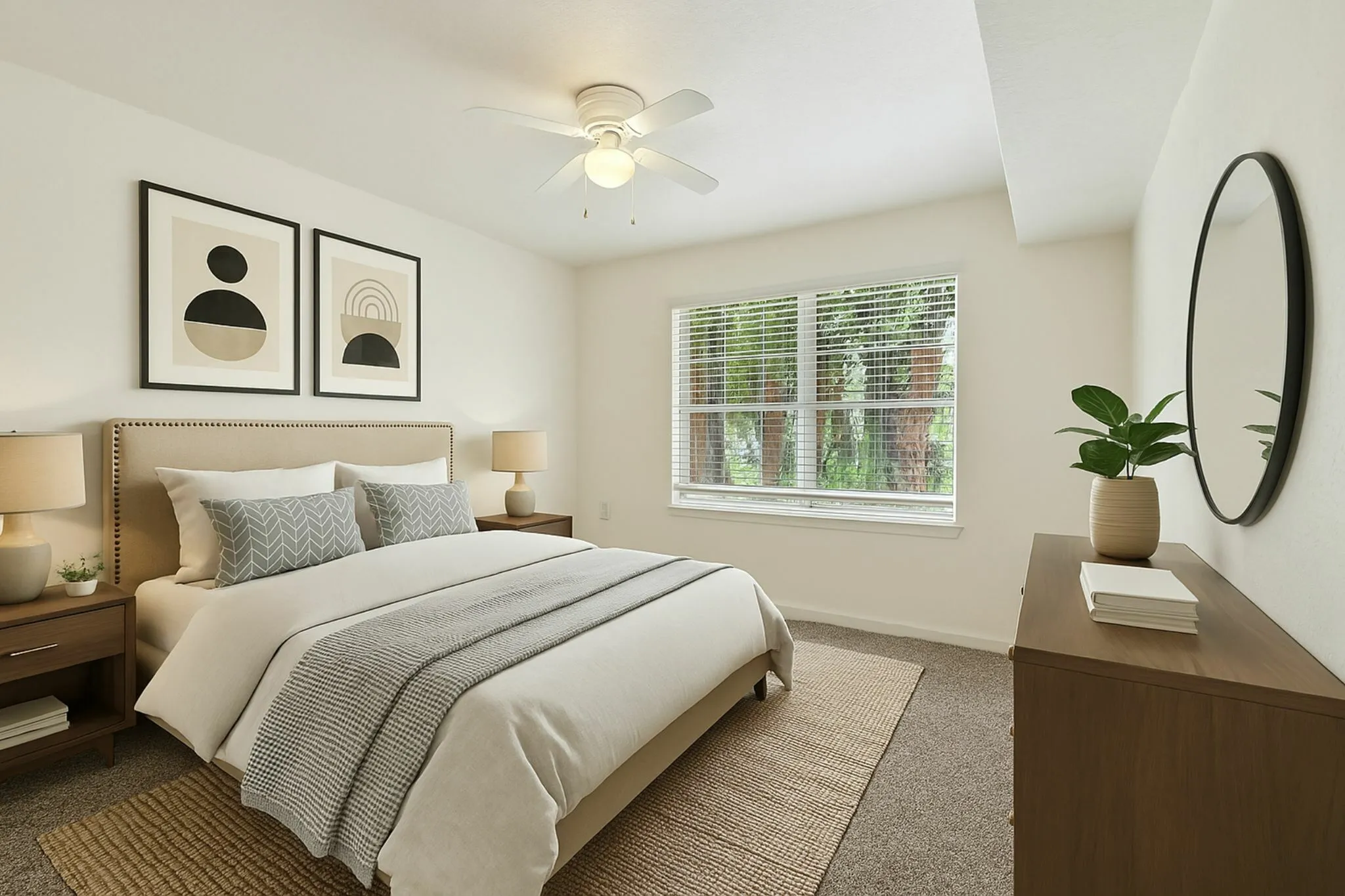 Serene bedroom with elegant decor, featuring a cozy bed, modern artwork, and a bright window view.