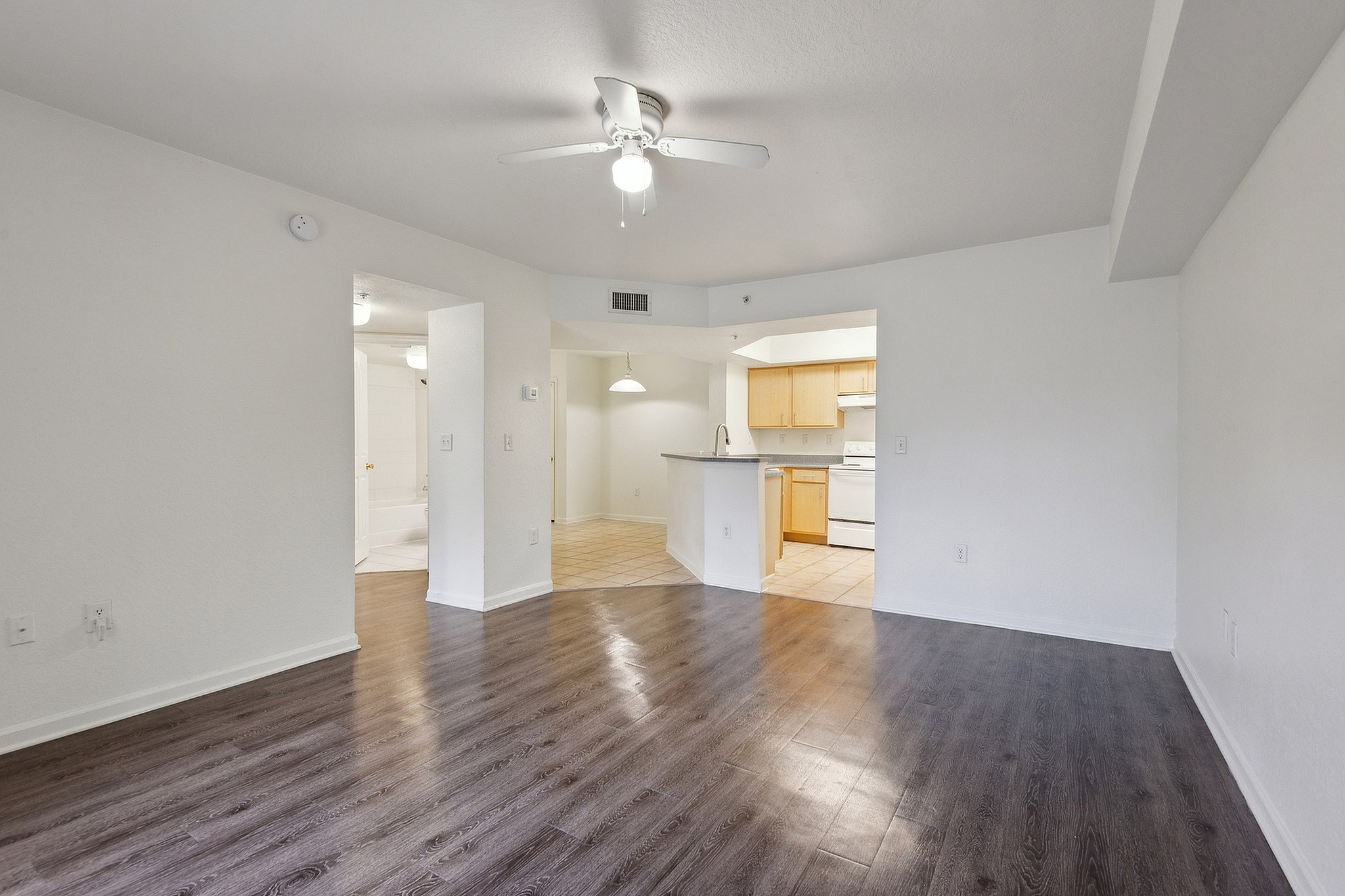 Bright open-plan living room with contemporary dark wood flooring leading to a cozy kitchen area with light wooden cabinets and modern appliances.