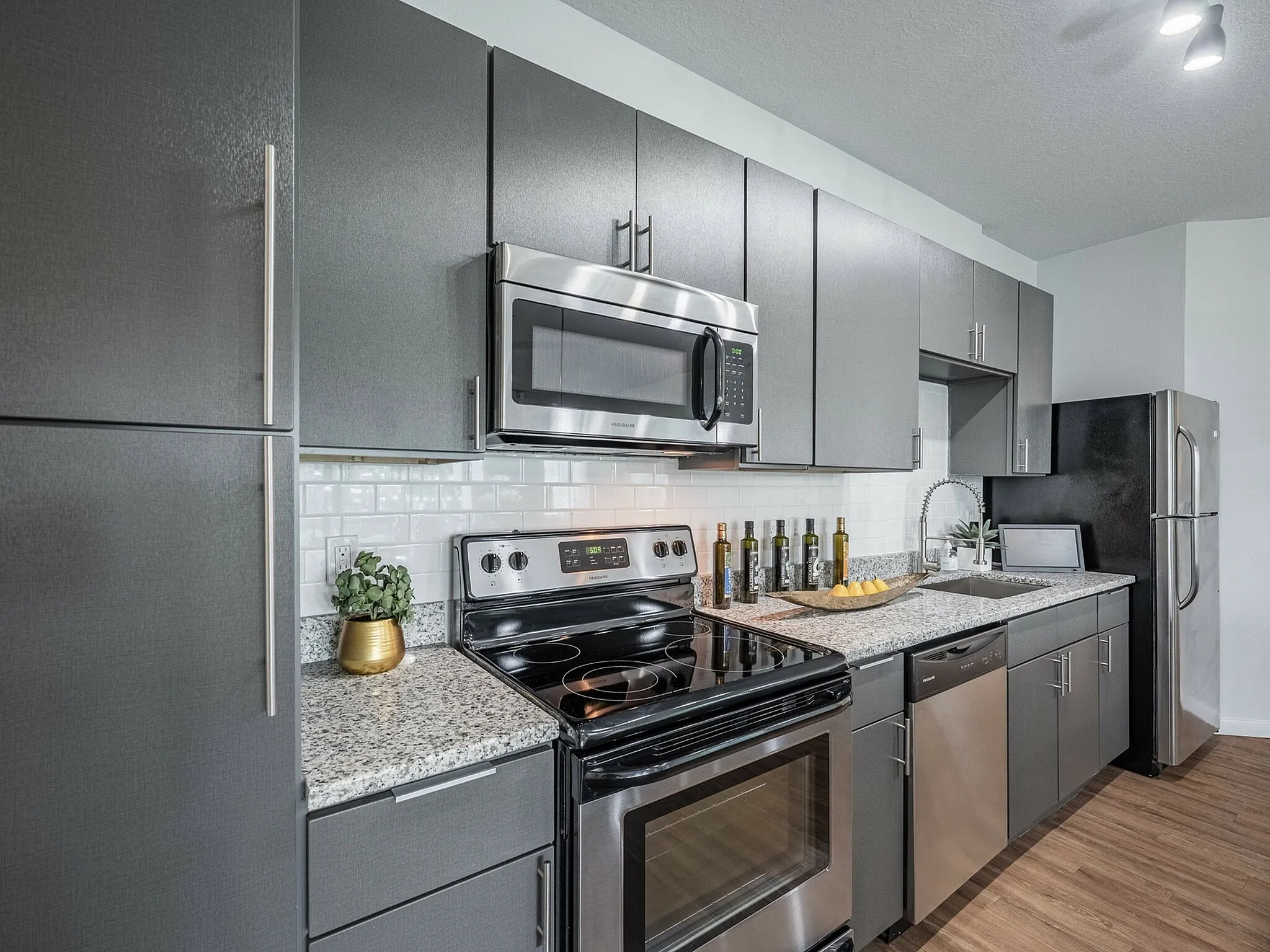 Modern kitchen with sleek dark cabinetry, stainless steel appliances, and elegant granite countertops, offering a stylish and functional space.