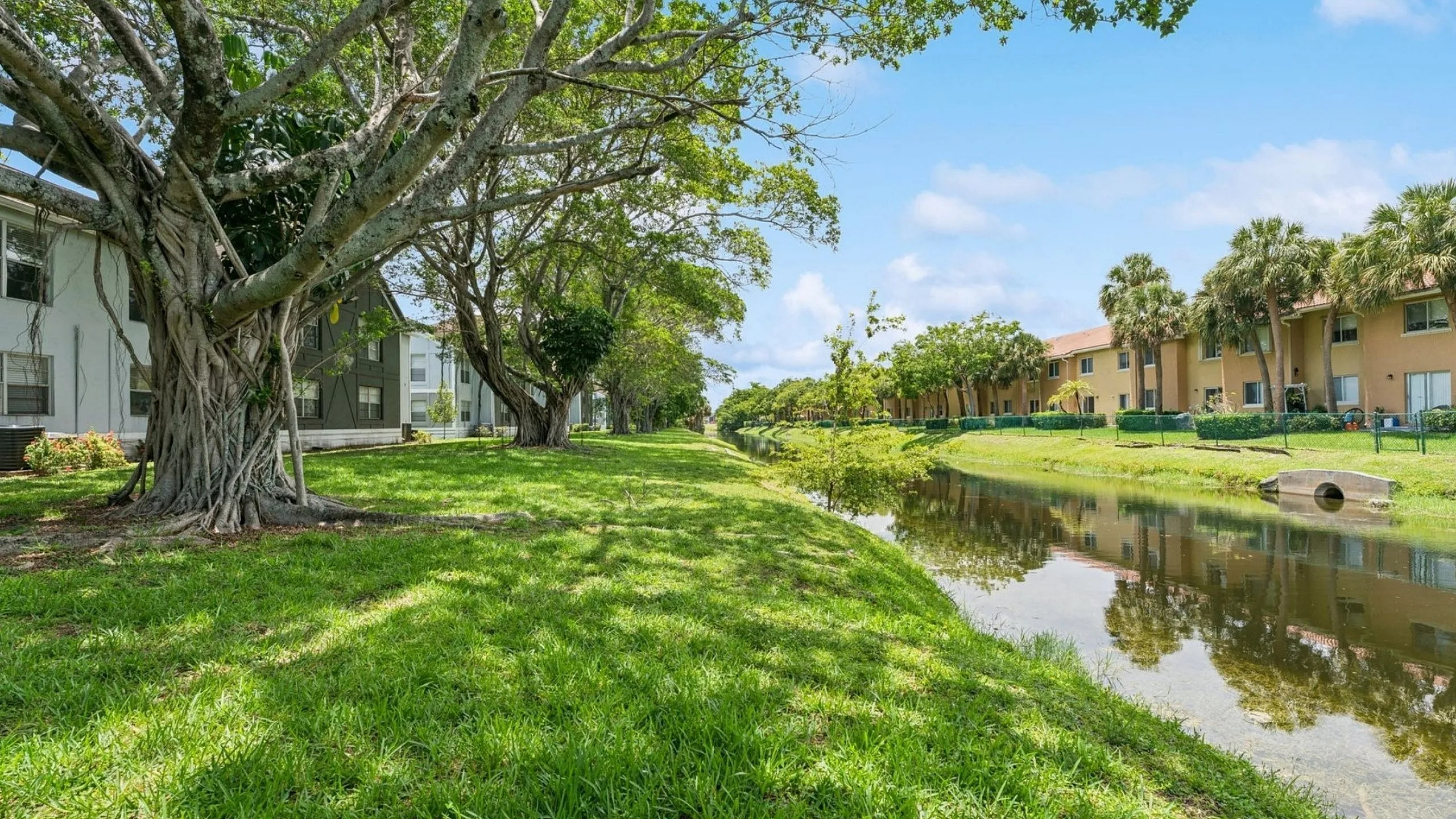 Tranquil apartment view with lush greenery, mature trees, and a serene canal, perfect for a nature lover's retreat.