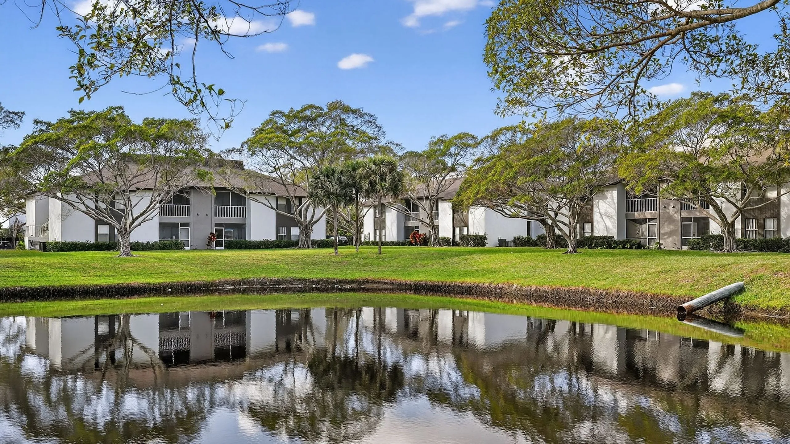 Charming apartment complex surrounded by lush greenery and a serene pond, offering a picturesque and tranquil living environment.
