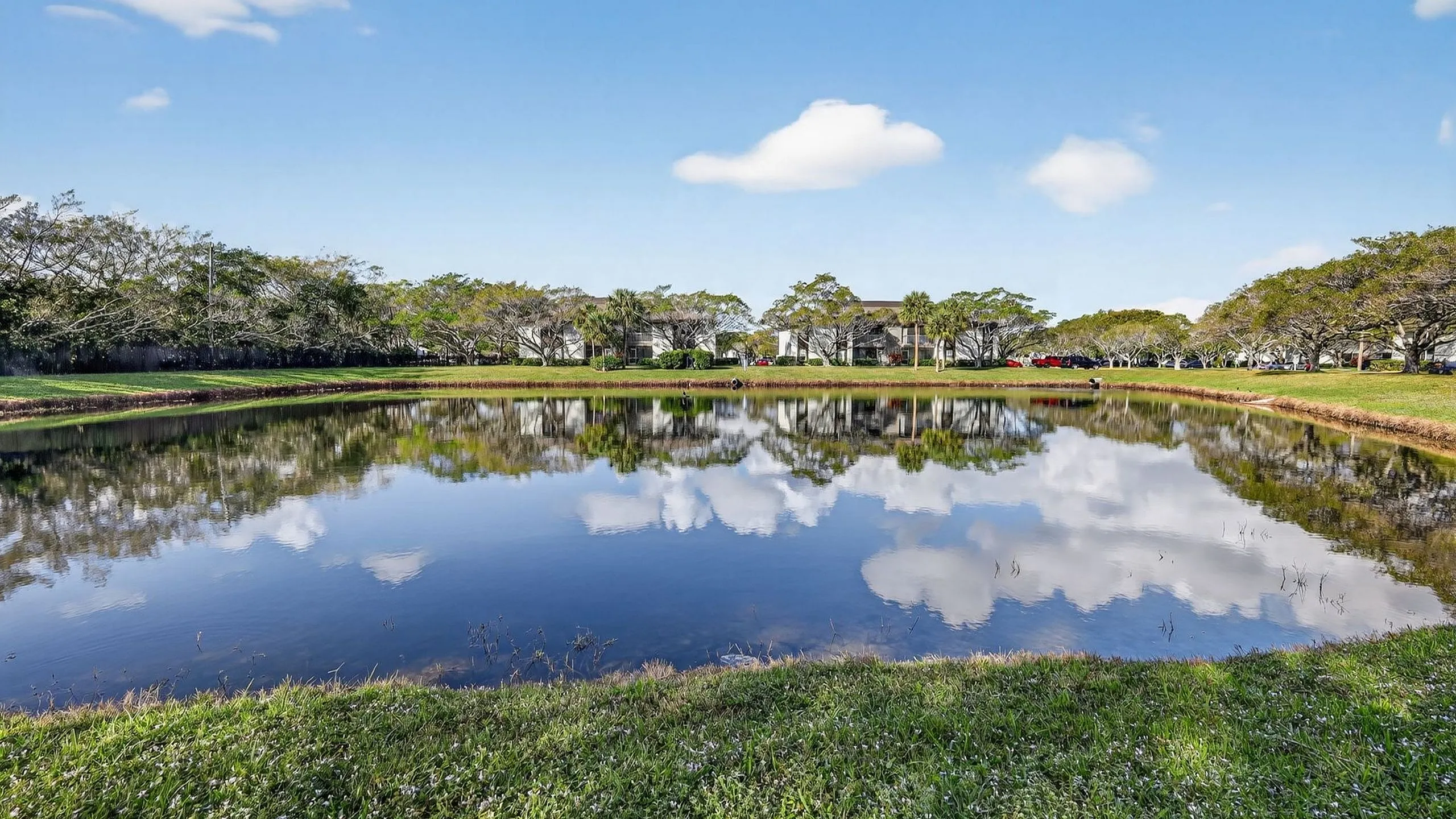 Tranquil lakeside view with lush green landscaping and serene reflections under a bright blue sky.