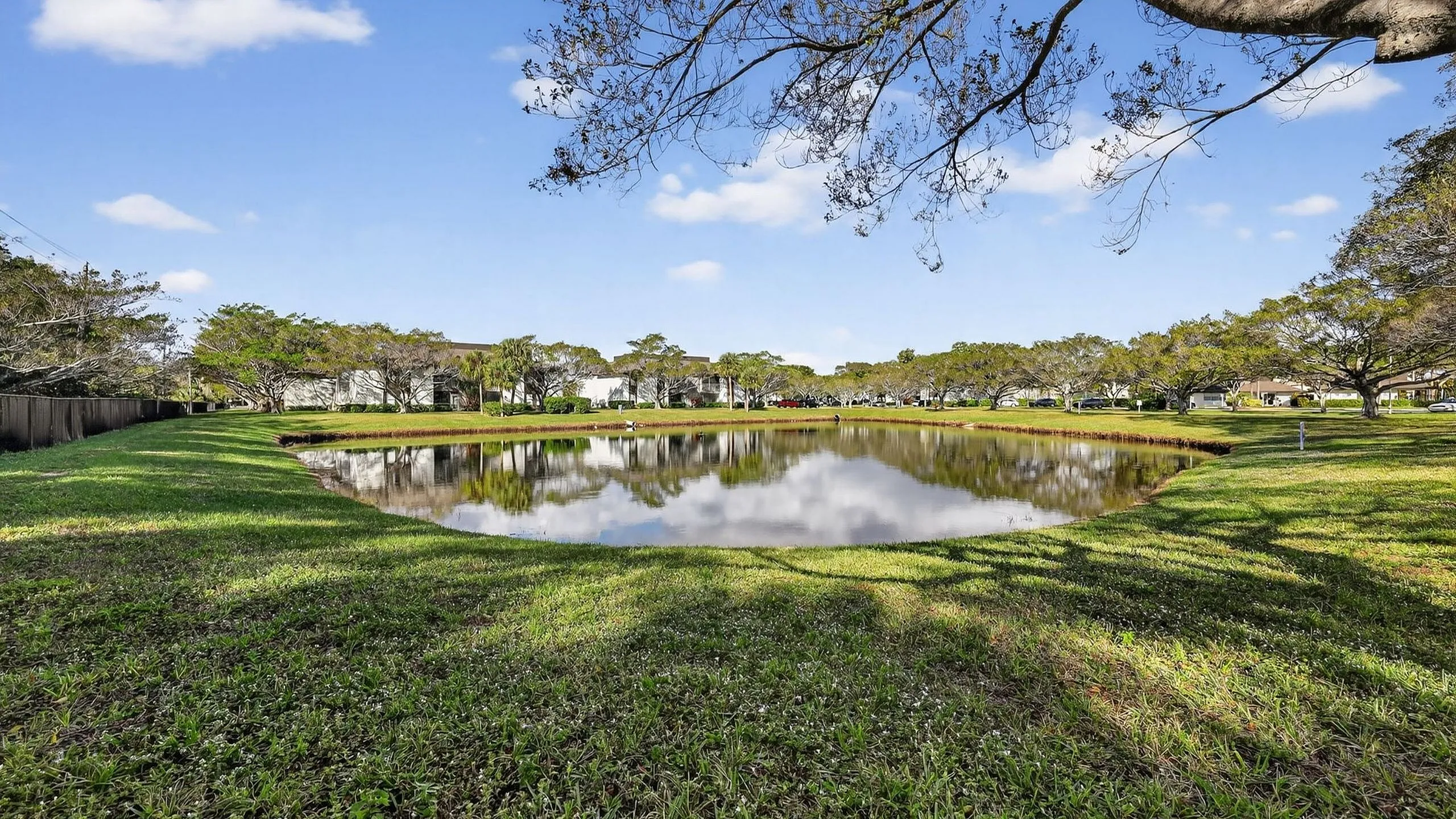 Charming pond view with lush greenery and clear blue sky, offering serene natural beauty in a residential community.
