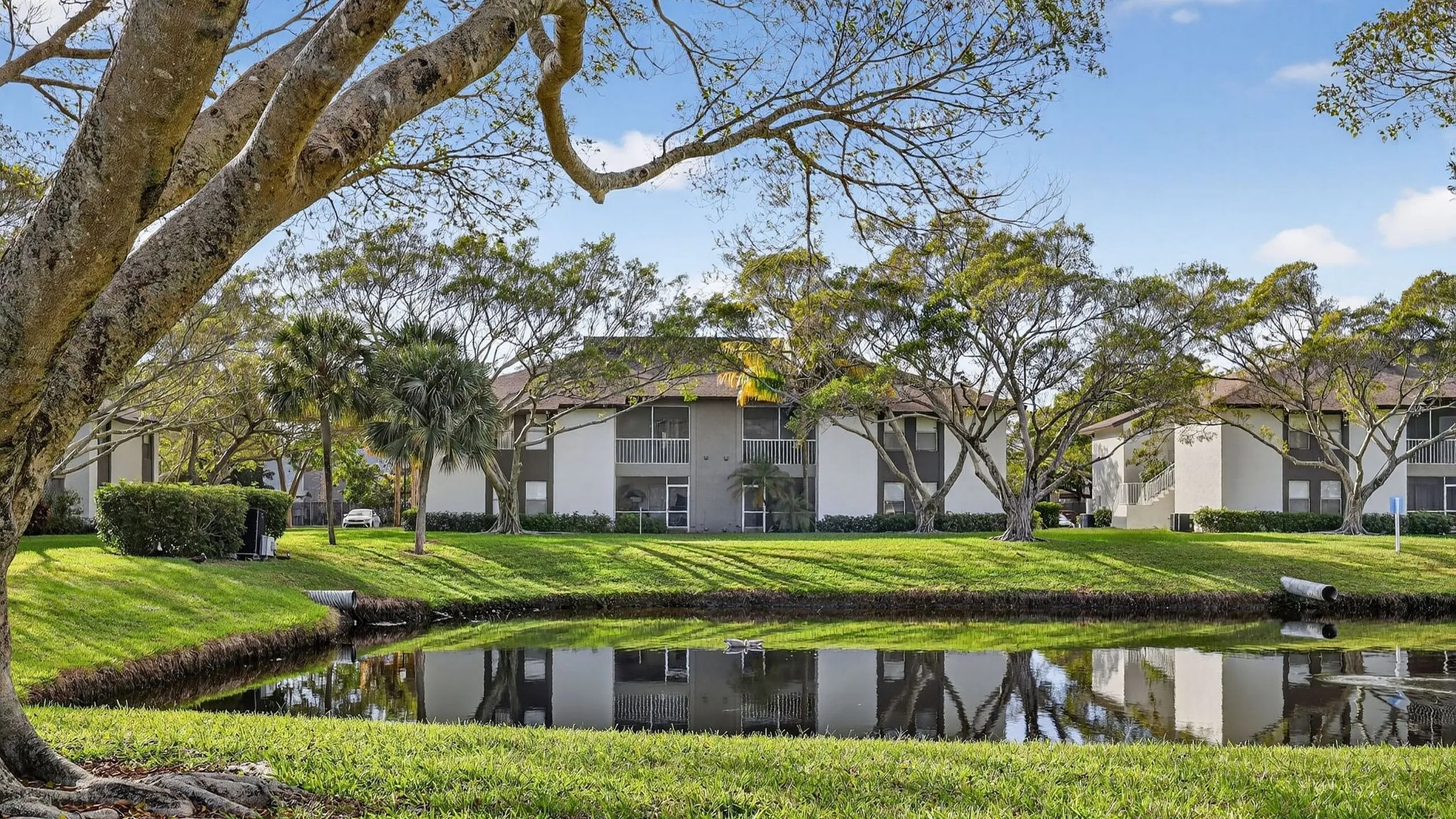 Charming apartment complex surrounded by lush greenery and a serene pond, offering tranquil living with beautiful natural views.