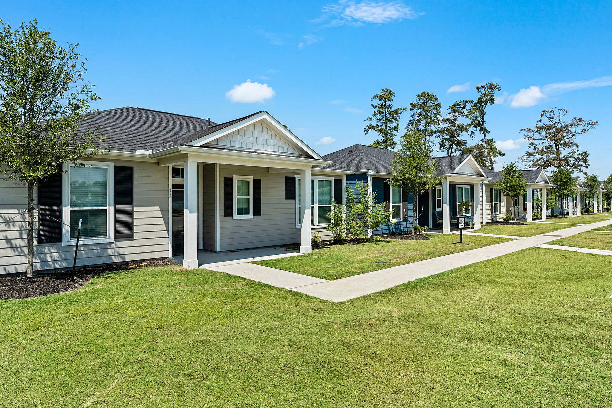 Charming row of modern single-story homes with manicured lawns and inviting front porches, set against a bright blue sky.