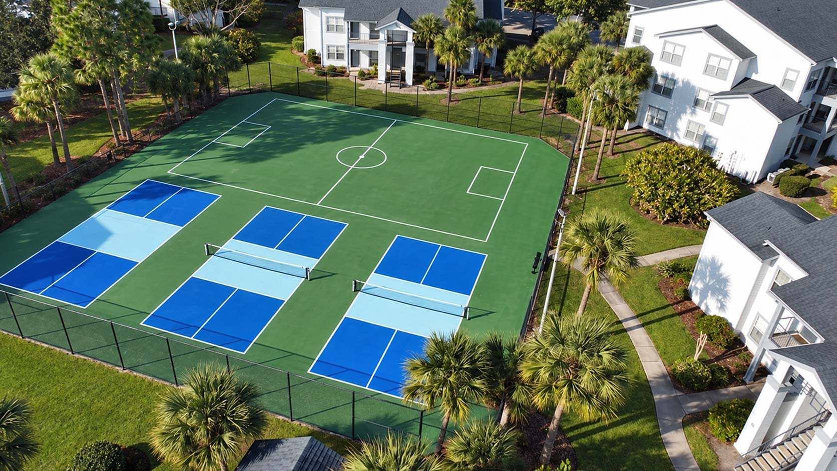 Vibrant residential complex featuring multipurpose sports courts surrounded by lush greenery and modern apartments.