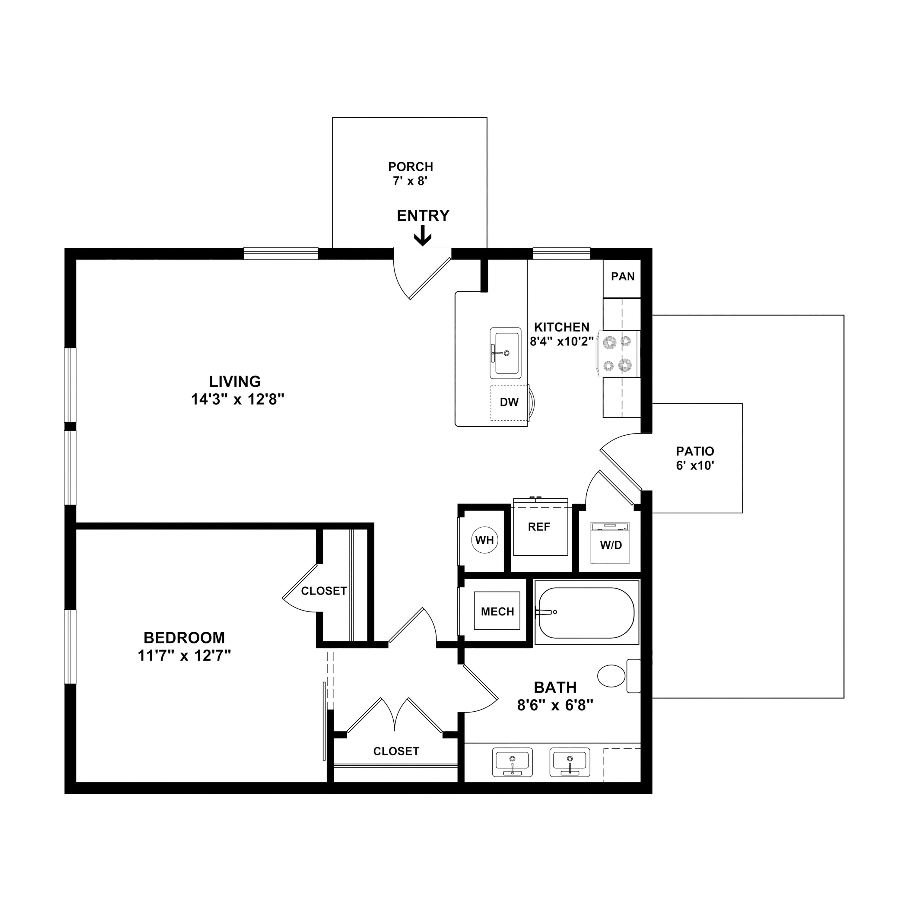 Bright and inviting floor plan featuring 1 spacious bedroom, a cozy living area, modern kitchen, and a delightful patio.