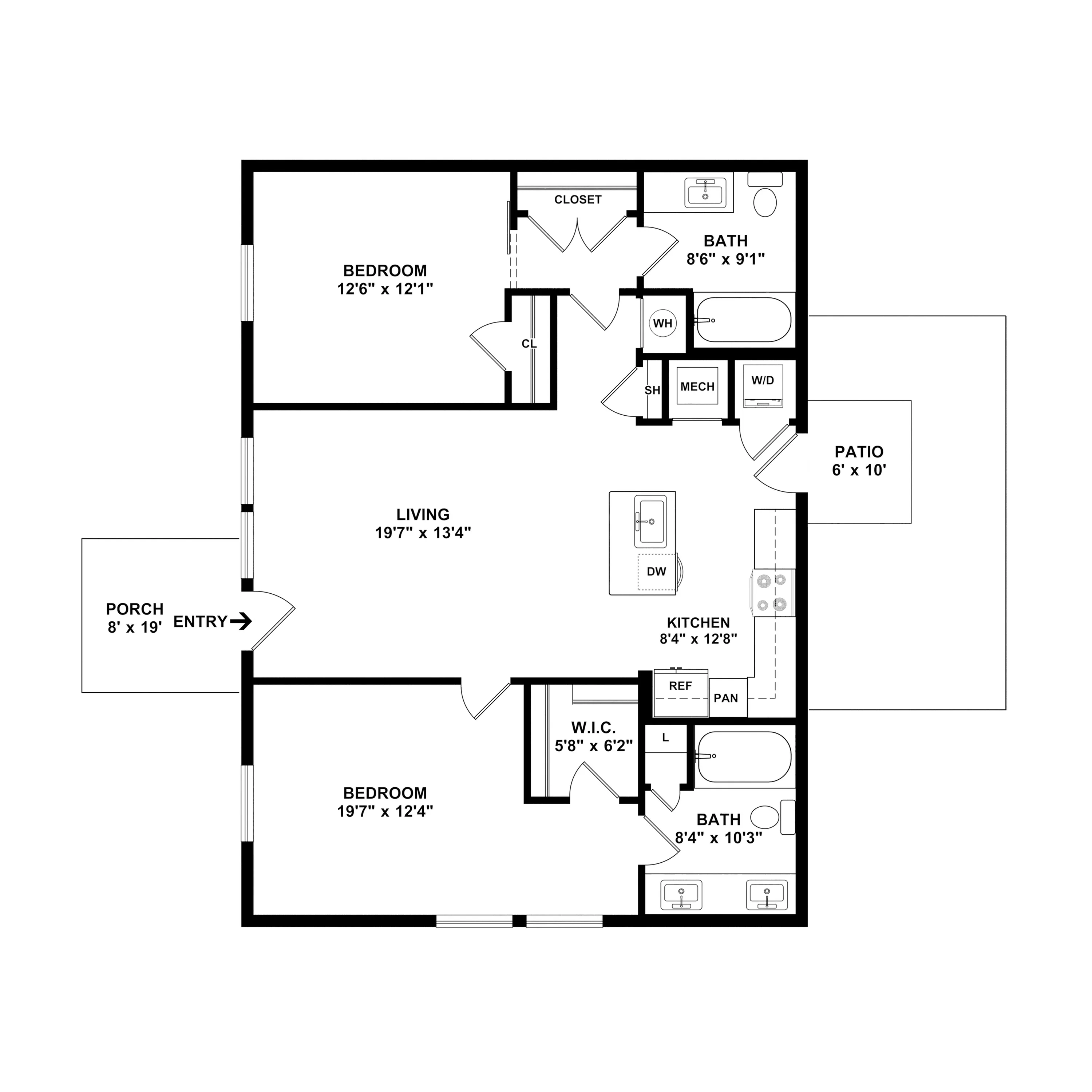 Modern floor plan showcasing 2 bedrooms, spacious living area, and a sleek kitchen with island. Includes outdoor patio and ample storage.