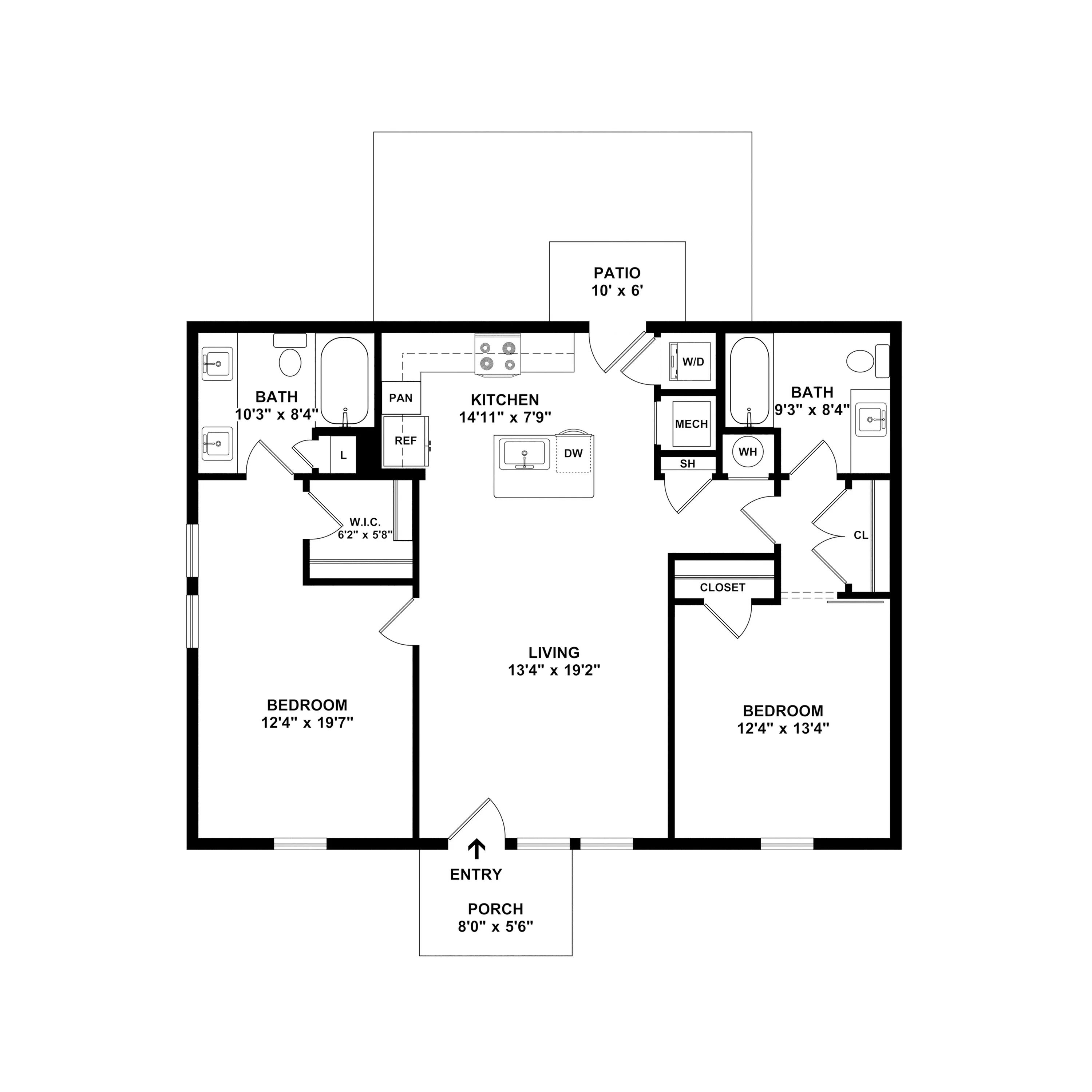 Modern floor plan featuring 2 spacious bedrooms, inviting living area, well-equipped kitchen, 2 bathrooms, and a cozy patio.