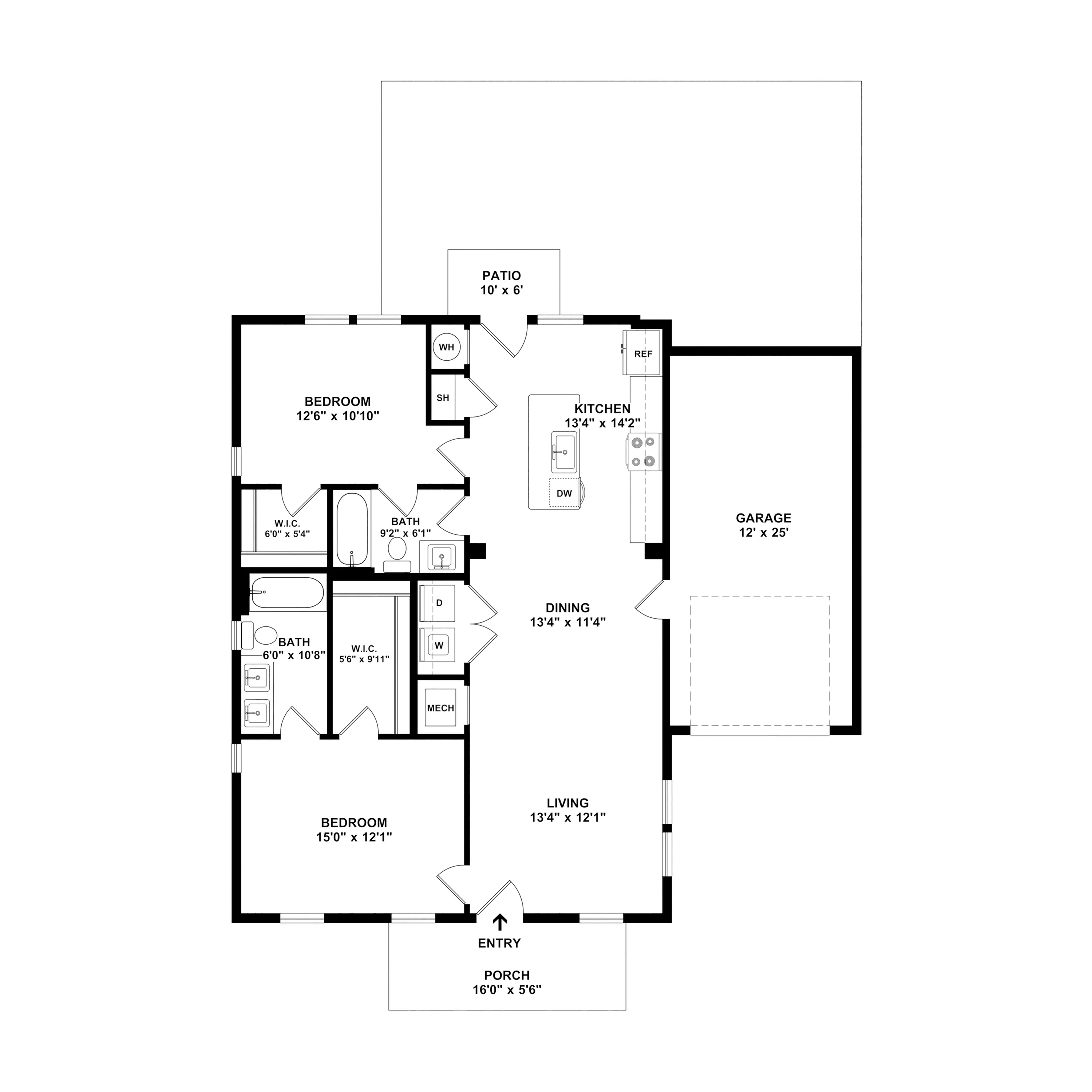 Modern floor plan featuring 2 spacious bedrooms, elegant living and dining area, gourmet kitchen, plus a private patio and attached garage.