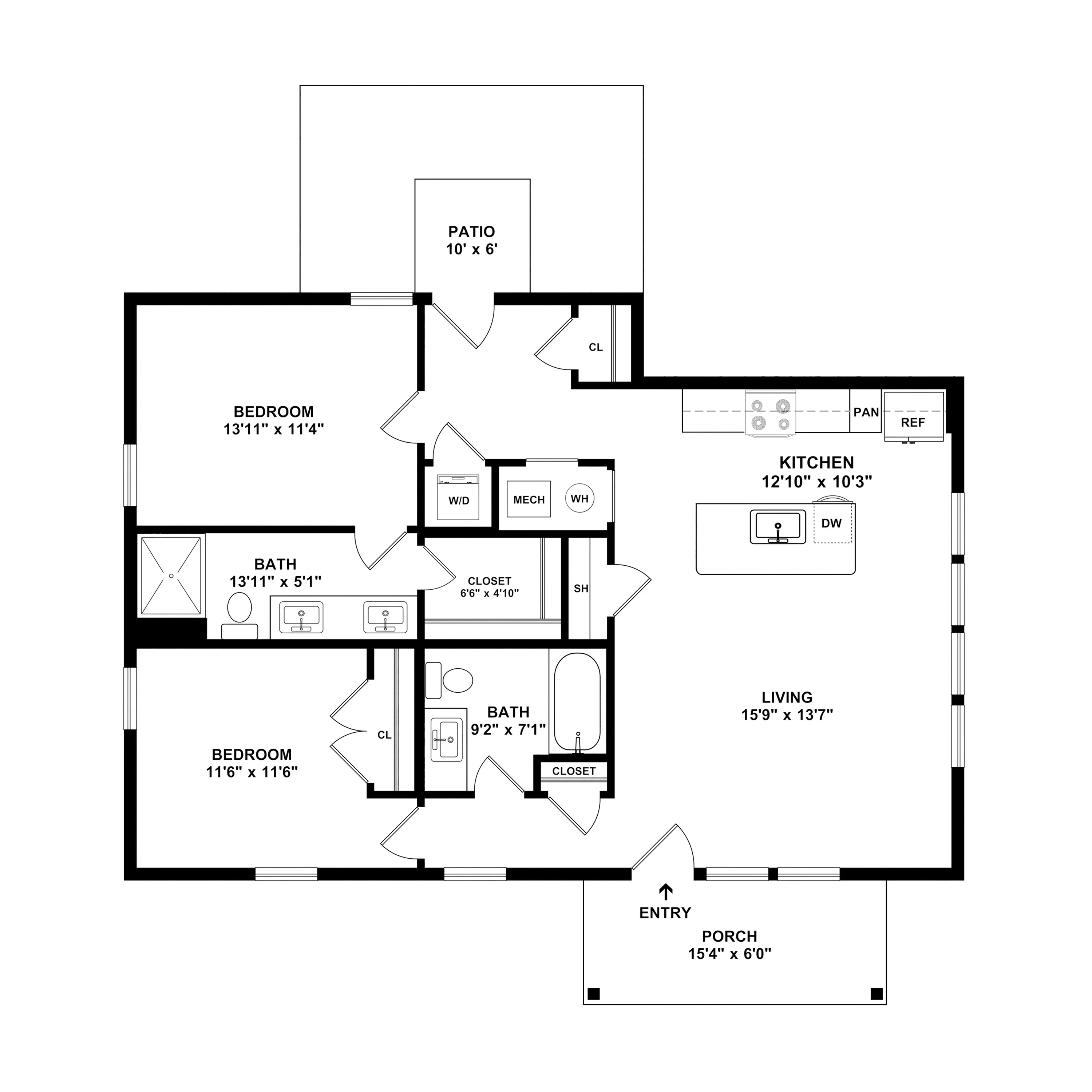 Charming floor plan featuring 2 bedrooms, inviting open kitchen and living area, spacious patio, and dual bathrooms.