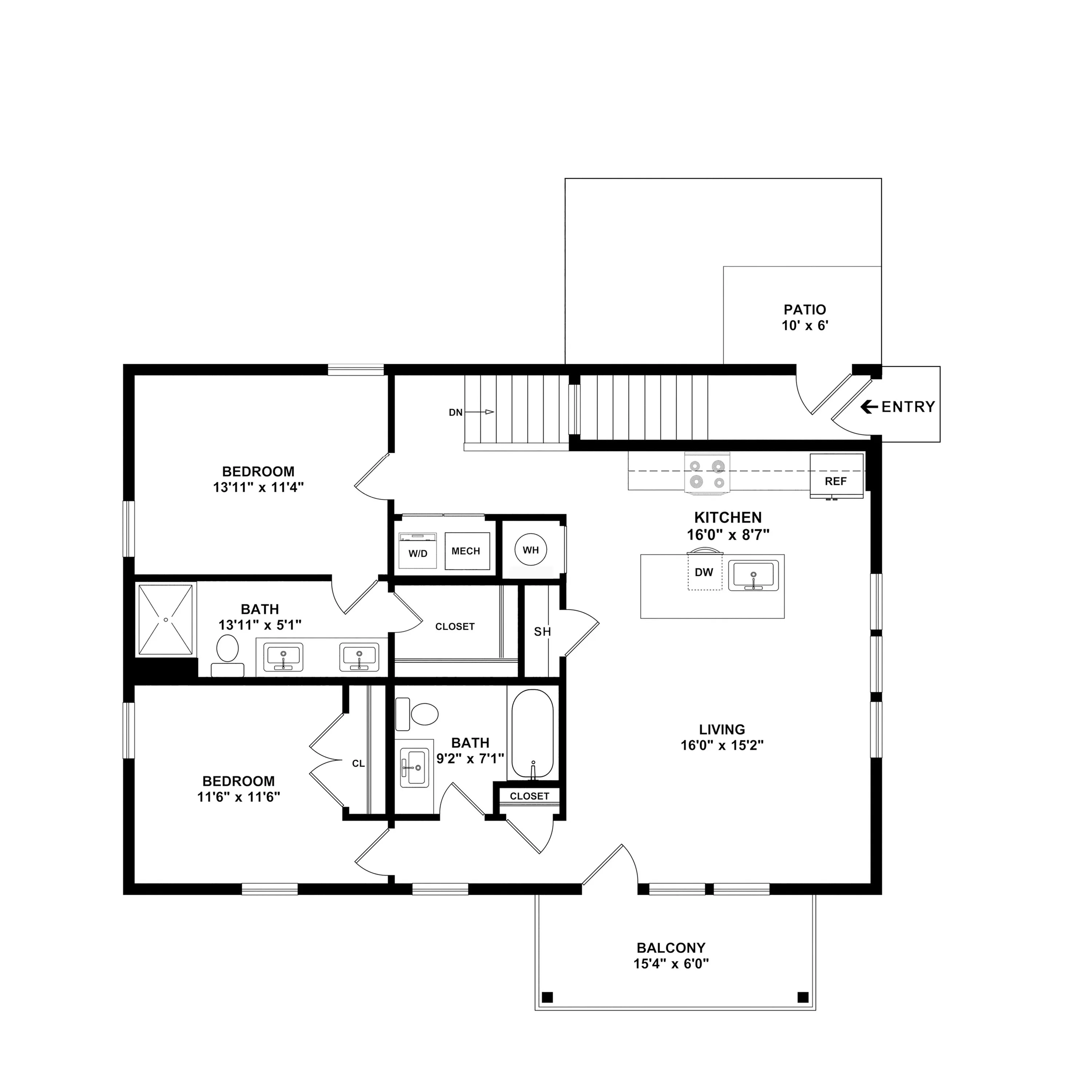 Elegant floor plan featuring 2 spacious bedrooms, 2 modern bathrooms, an open kitchen with island, and a generous living area leading to a charming balcony.