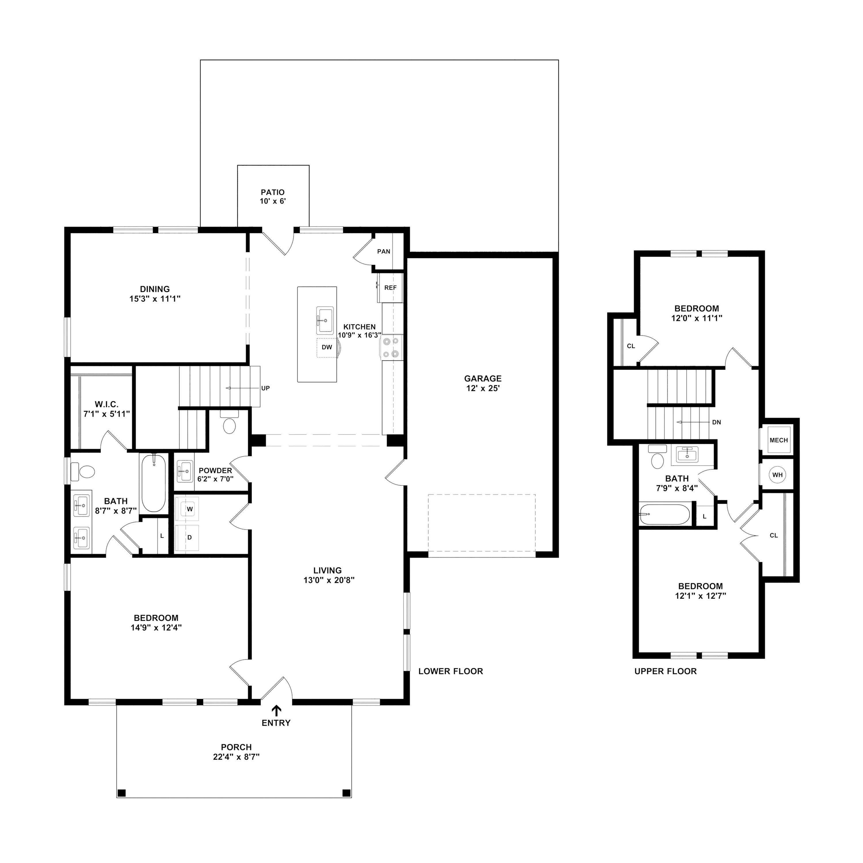 Charming floor plan showcasing a spacious two-level home with three bedrooms, an elegant open-concept living area, modern kitchen with island, and a cozy patio.