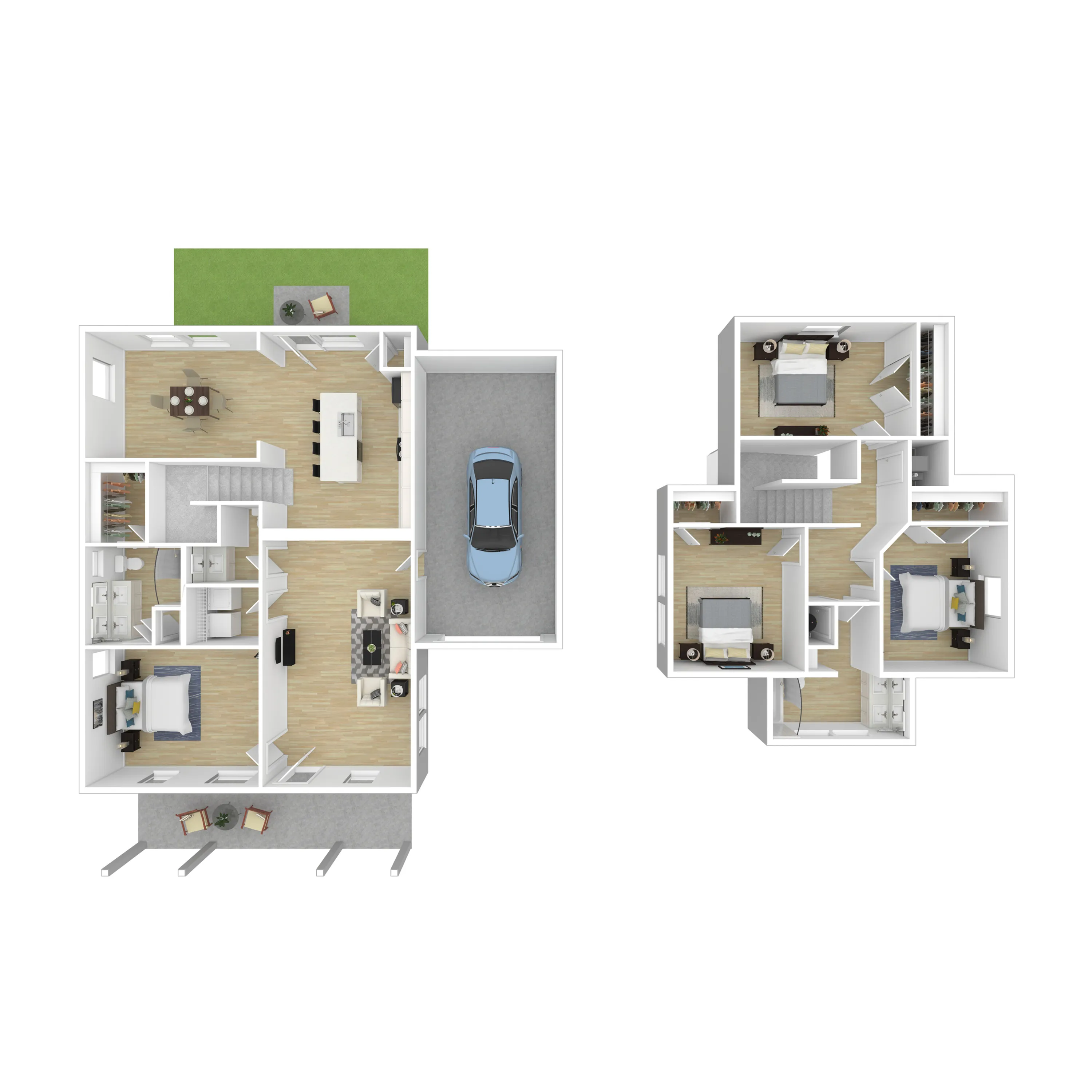 Modern two-story floor plan featuring 3 bedrooms, spacious living room, open dining area, and attached garage with car access.