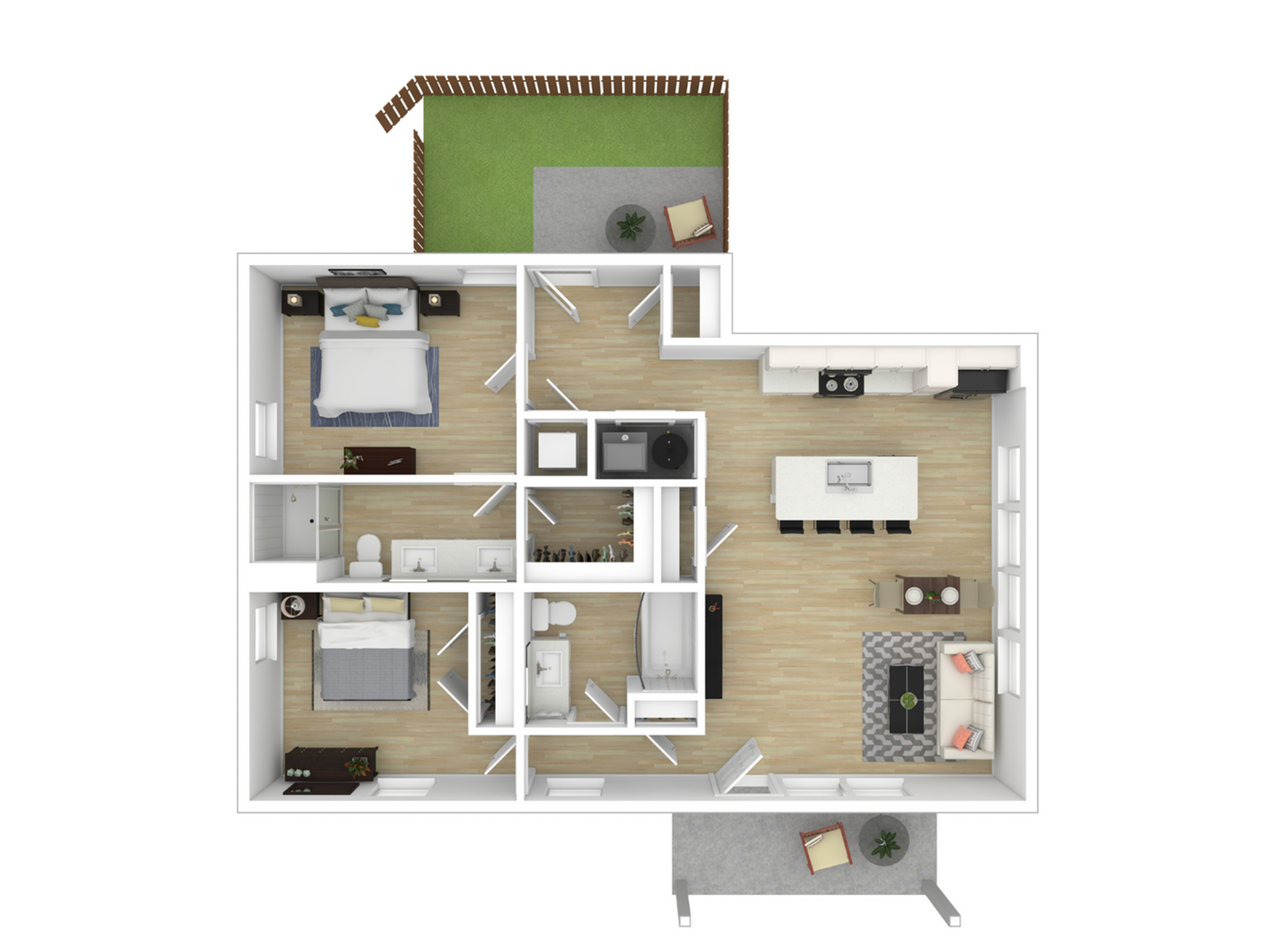 Modern apartment floor plan with 2 spacious bedrooms, an elegant open-concept kitchen, cozy living area, and inviting outdoor patio space.