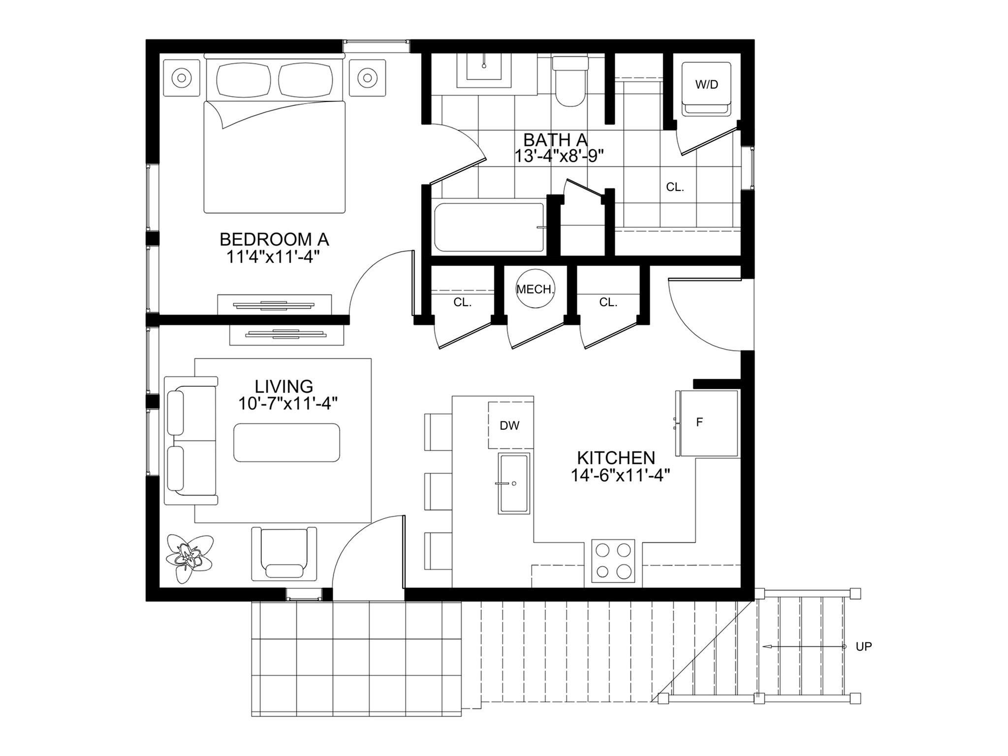 Modern 2D floor plan showcasing a cozy 1-bedroom layout with a spacious kitchen, living area, and elegant bathroom.