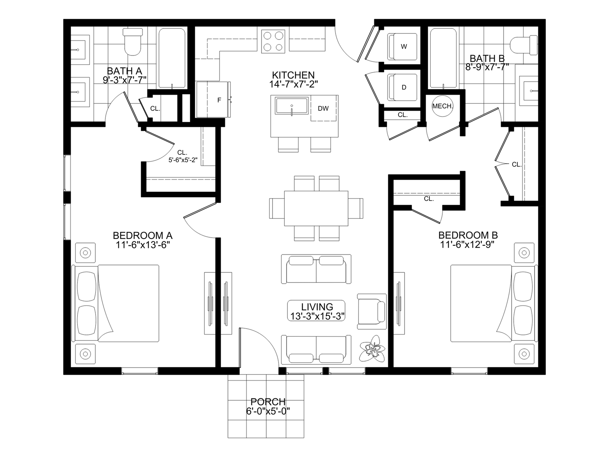 Chic floor plan showcasing 2 bedrooms, a modern kitchen, spacious living area, and 2 bathrooms, complete with a cozy porch.