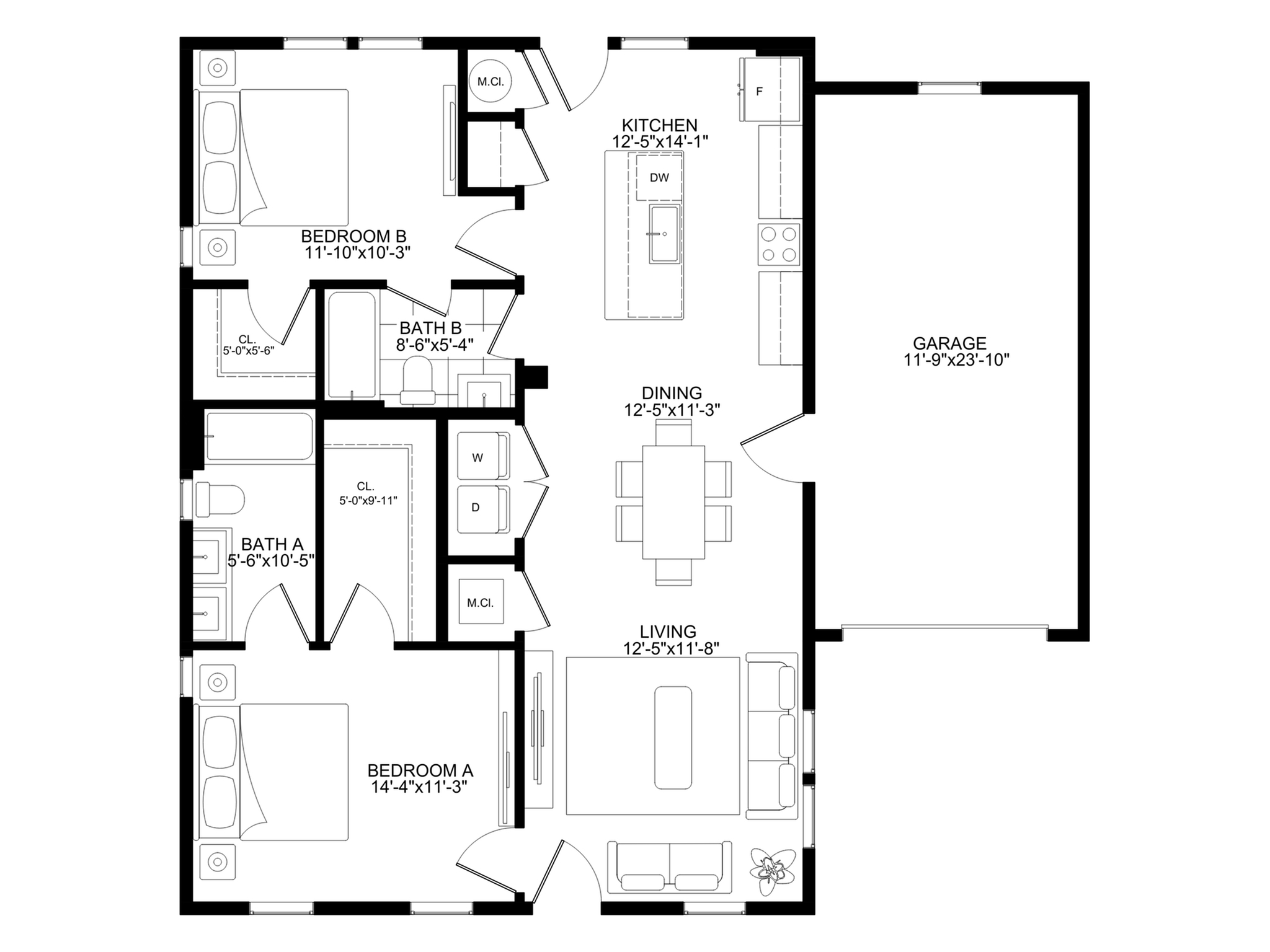 Modern floor plan featuring 2 bedrooms, 2 baths, a stylish kitchen, cozy living and dining areas, and convenient garage access.
