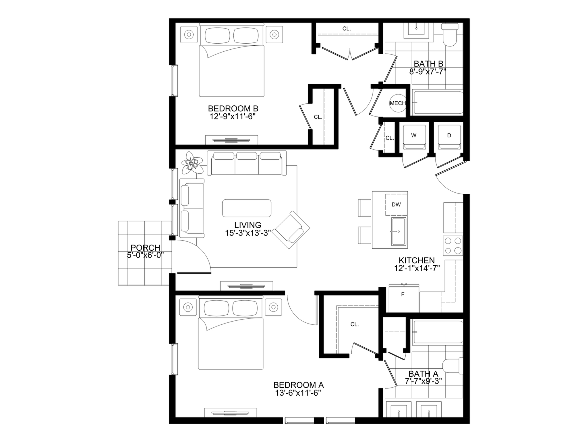 Modern floor plan featuring 2 bedrooms, spacious living room, and an open kitchen with adjacent porch.