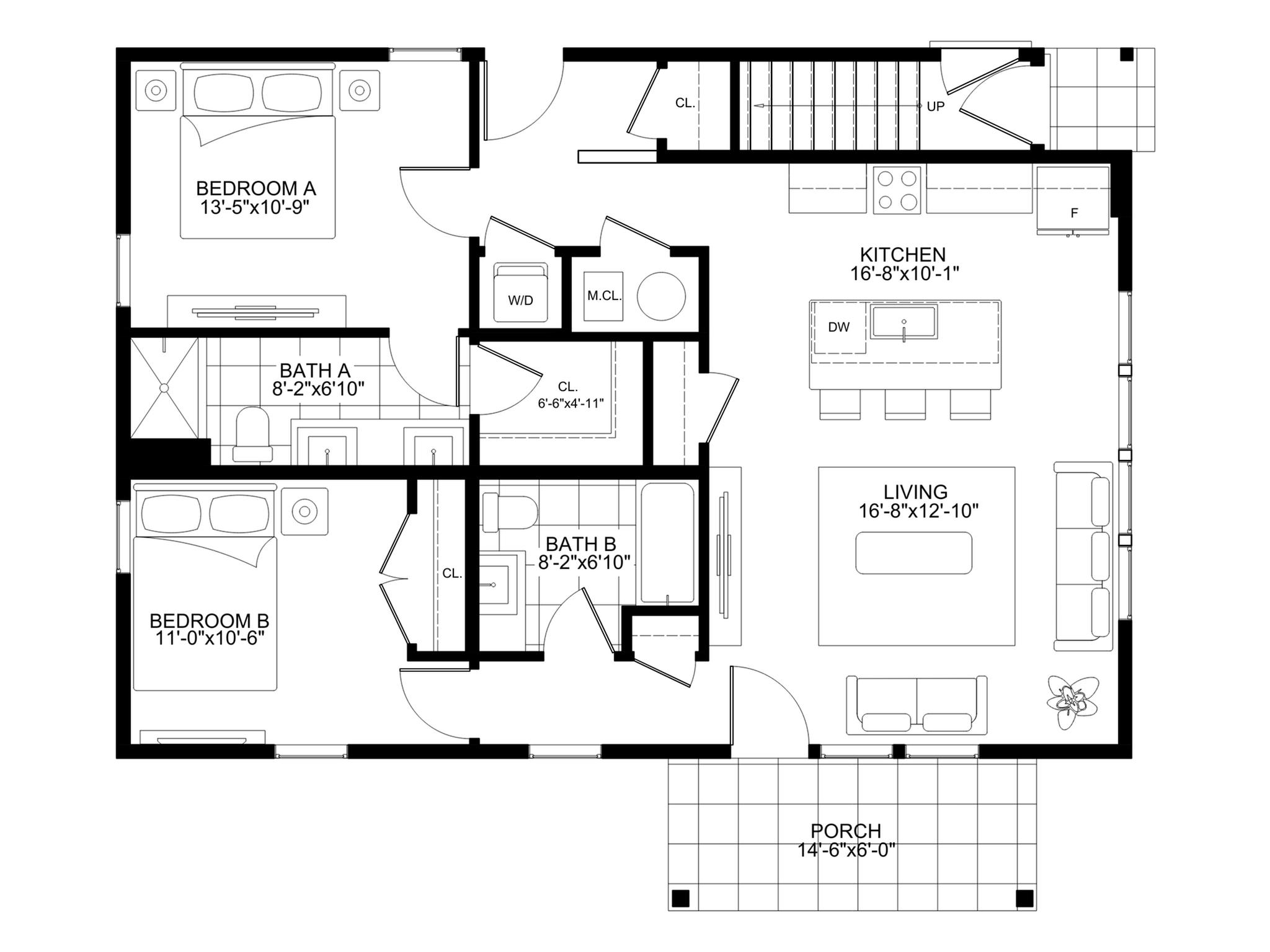 Elegant floor plan showcasing 2 cozy bedrooms, modern kitchen, and inviting living area with porch access.
