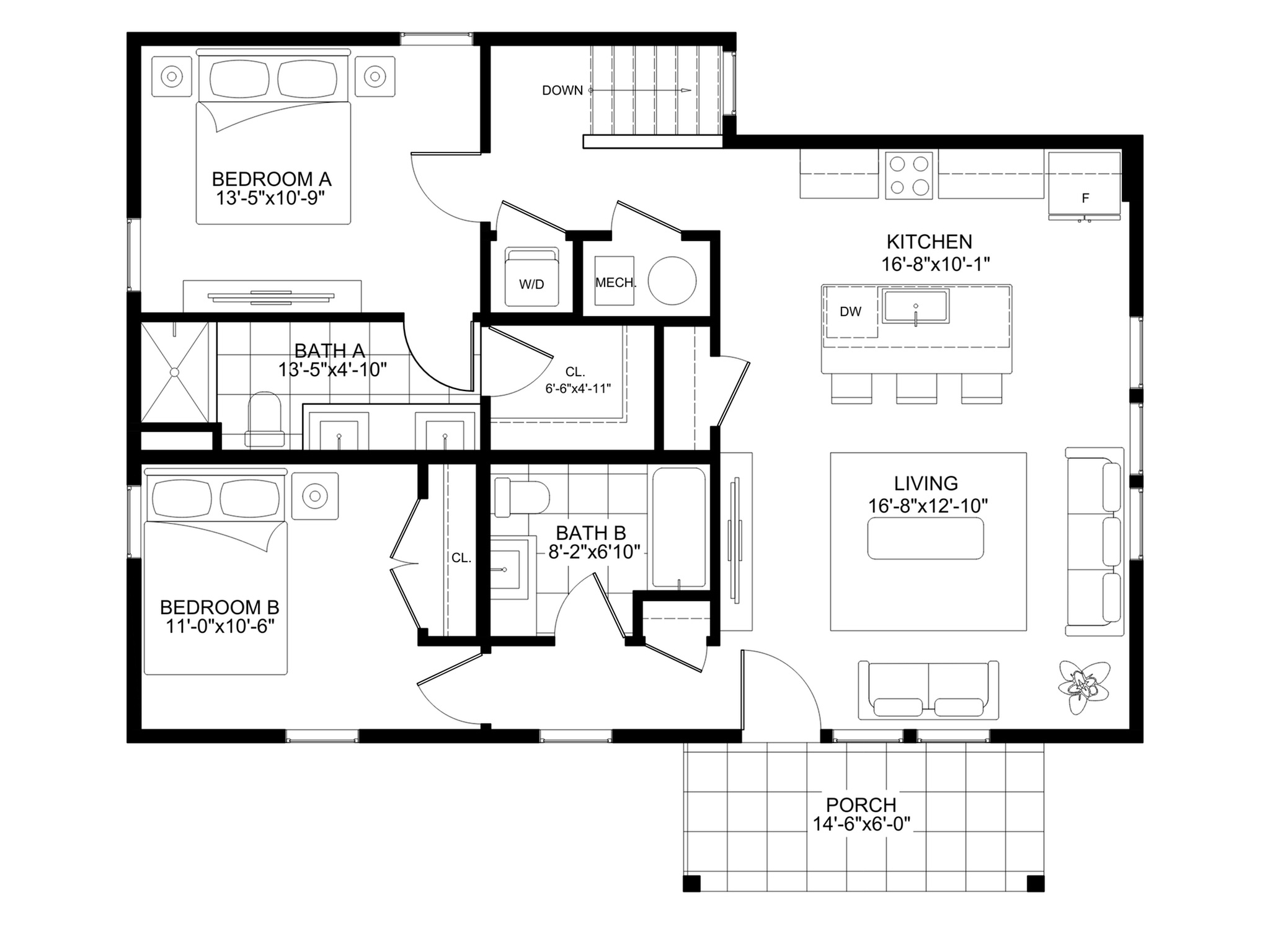 Charming floor plan showcasing 2 bedrooms, spacious living room, and modern kitchen with porch access.