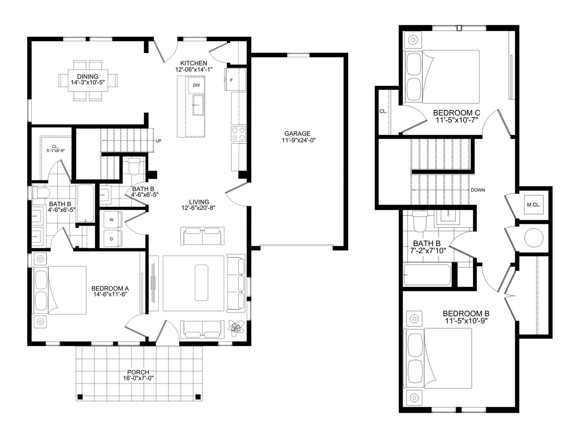Modern two-story floor plan showcasing 3 bedrooms, spacious living area, gourmet kitchen, and a convenient garage in a stylish layout.