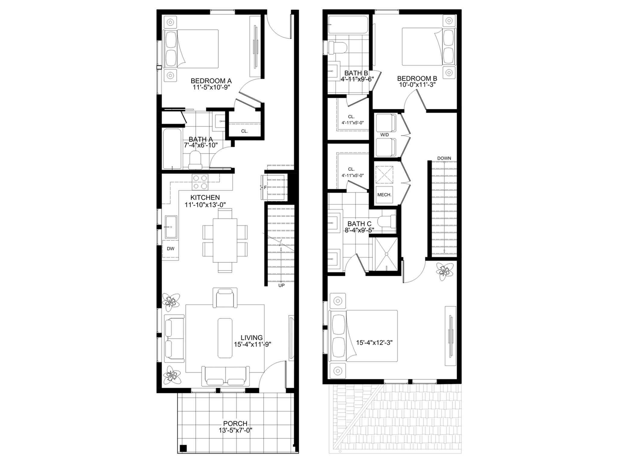 Modern two-story floor plan featuring 3 bedrooms, 3 bathrooms, a spacious kitchen, and a cozy living area with porch. Ideal for comfortable living.