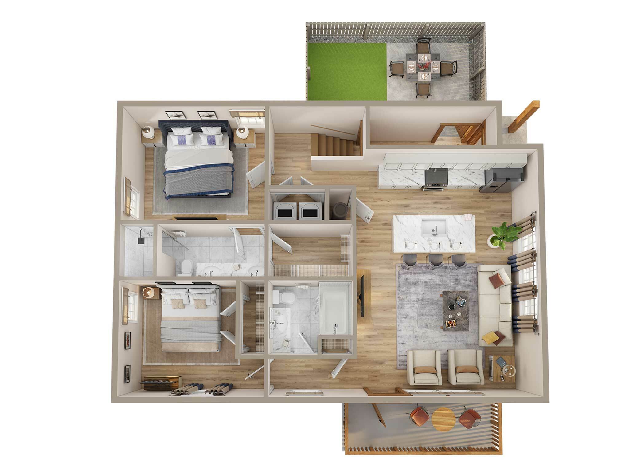 two bedroom stacked duplex upper level