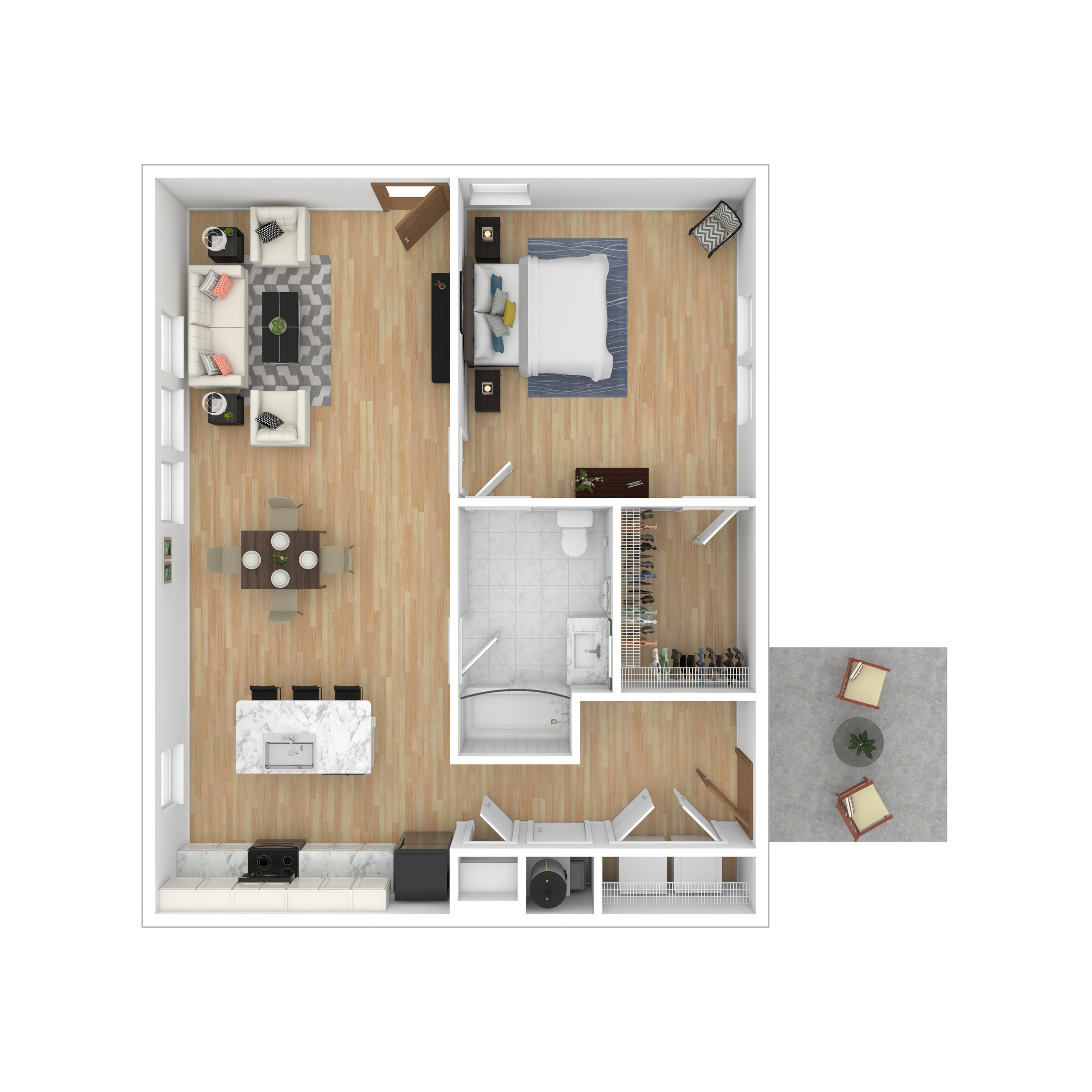 Modern and functional 2D floor plan showcasing 1 bedroom, an open-concept living and dining area, and a sleek kitchen. Includes a private patio for outdoor relaxation.