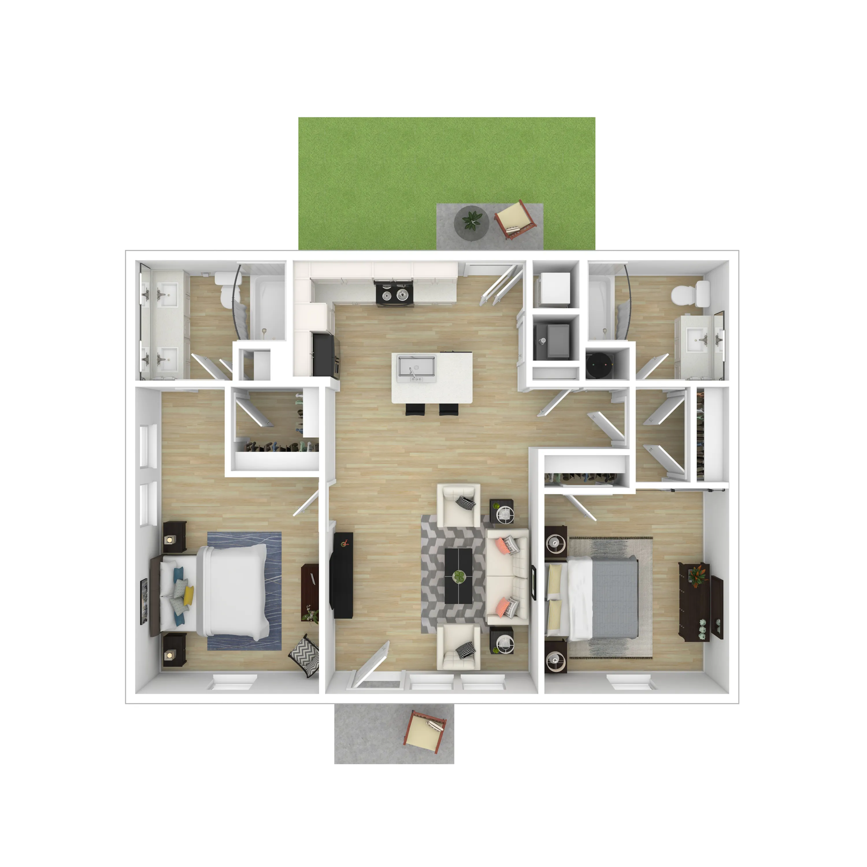 Chic floor plan showcasing 2 bedrooms, modern open kitchen, and cozy living area with lush patio access.