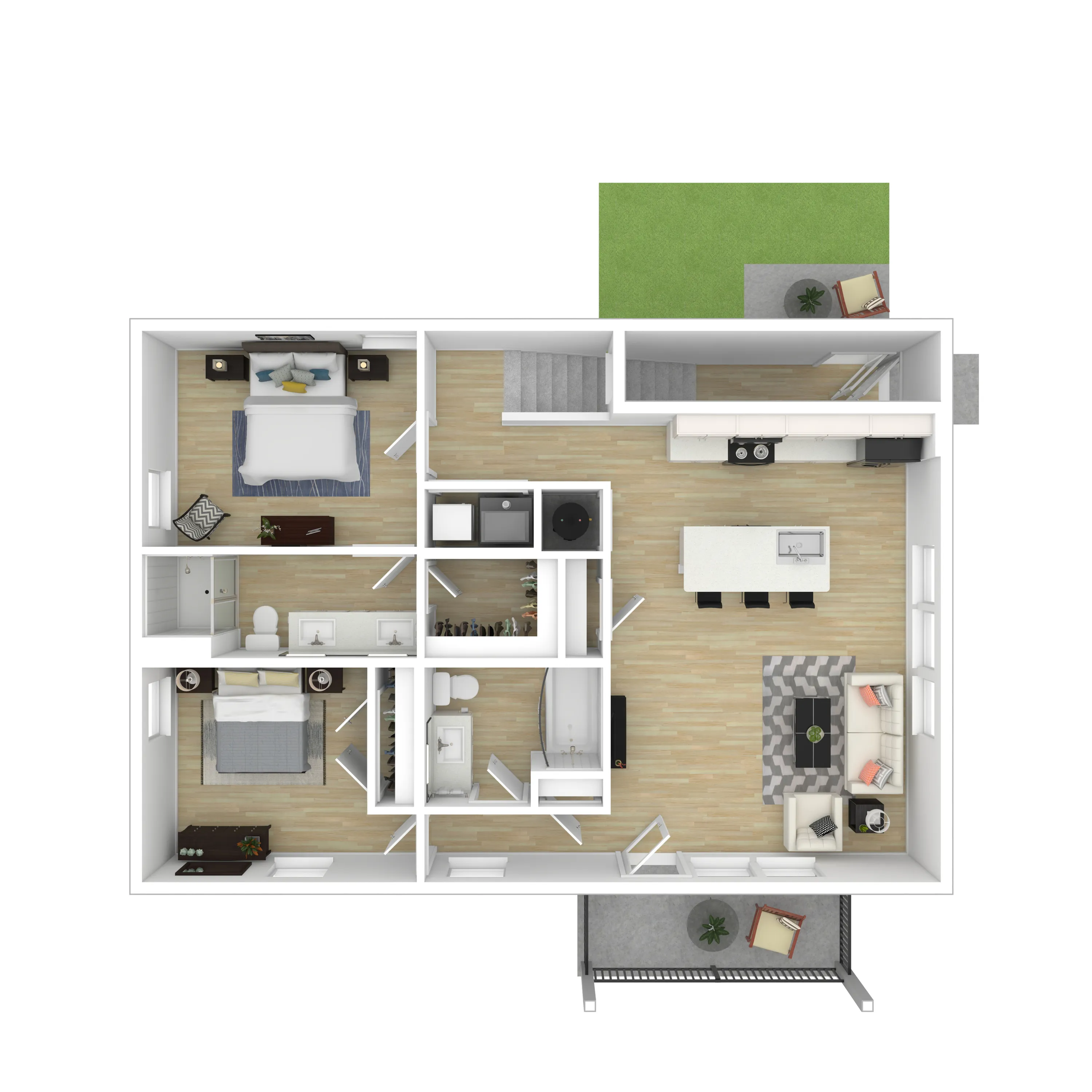 Modern floor plan showcasing 2 bedrooms, a spacious living area, open-concept kitchen, and two bathrooms with stylish design.