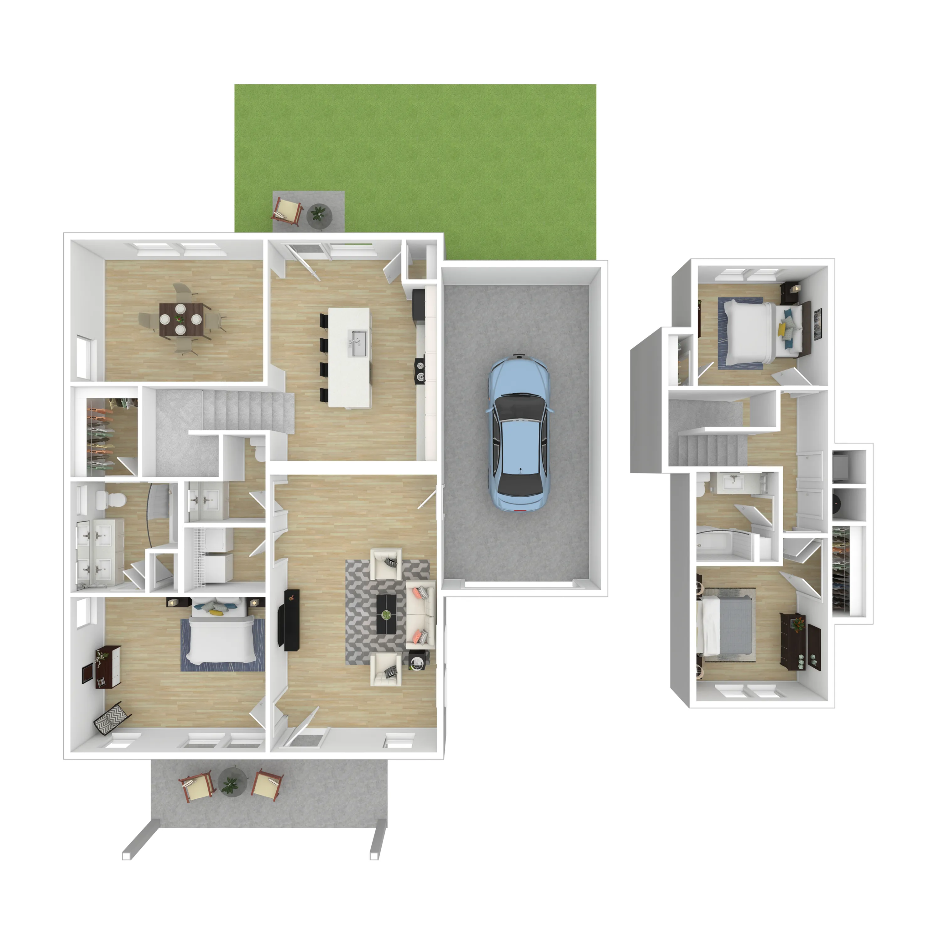 Sophisticated two-story floor plan featuring three bedrooms, a modern open-concept kitchen, cozy living room, and an attached garage with adjacent garden space.