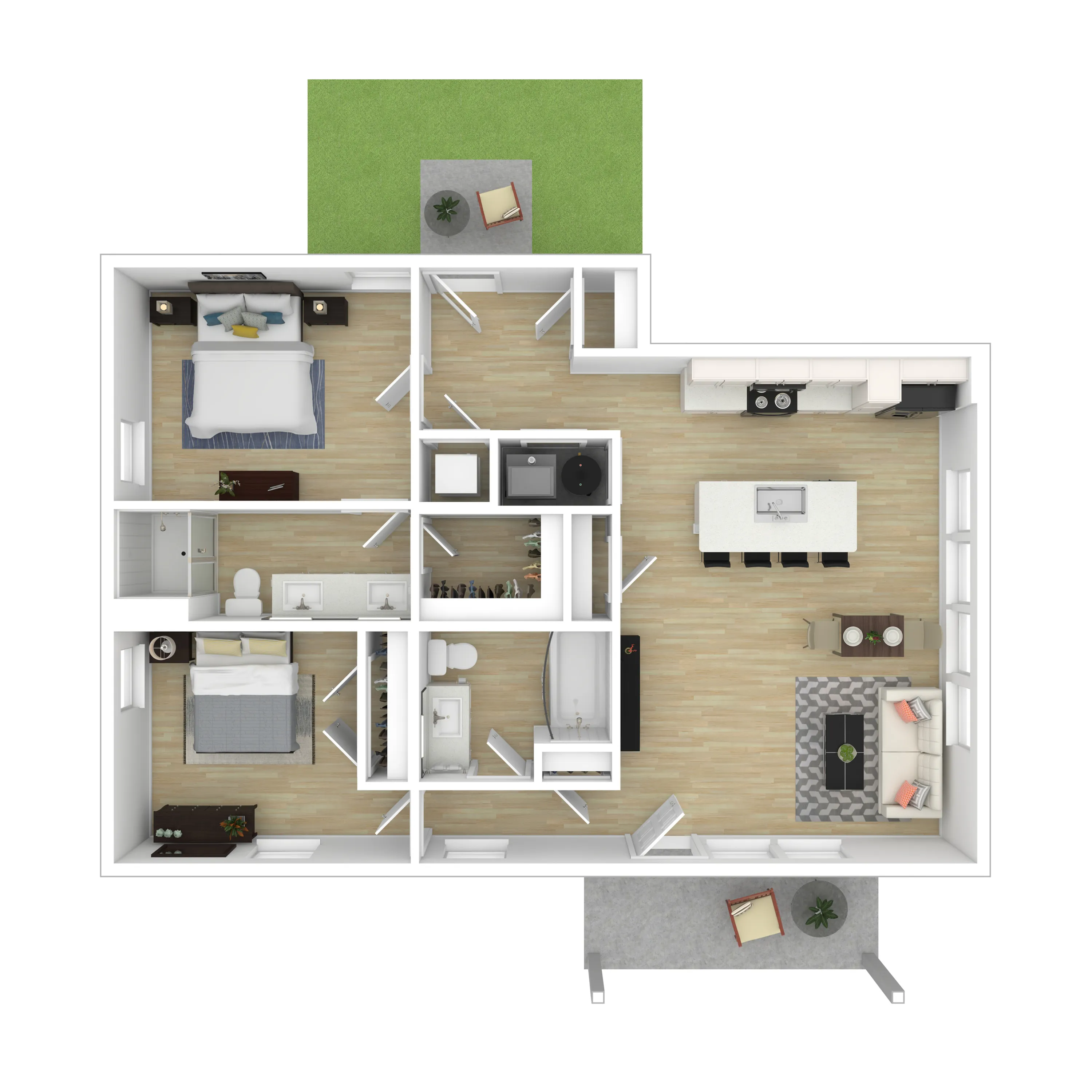 Modern floor plan showcasing 2 cozy bedrooms, sleek kitchen with island, and inviting open-concept living area with patio access.