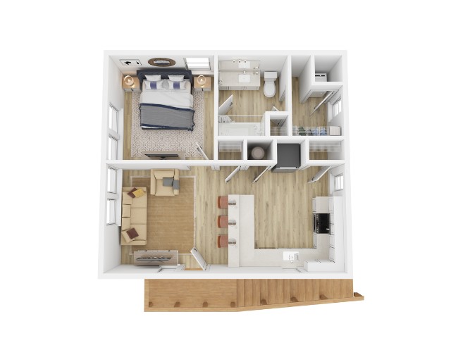 Modern 3D floor plan featuring a cozy one-bedroom, open living and dining area, sleek kitchen, and elegant bathroom.
