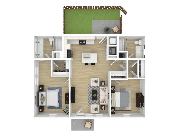 Modern 2D floor plan showcasing 2 elegant bedrooms, a sleek kitchen, cozy open-plan living area, and a lovely outdoor patio.