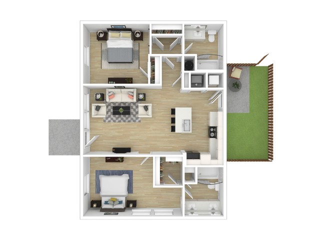 Modern 2D floor plan showcasing 2 bedrooms, an open-concept living and dining area, sleek kitchen, and private patio.