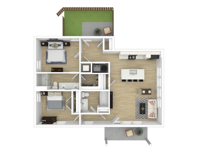Modern 3D floor plan showcasing 2 spacious bedrooms, 2 elegant bathrooms, open living area, gourmet kitchen, and cozy outdoor patio.