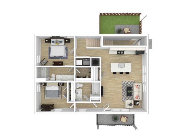 Charming 3D floor plan featuring 2 bedrooms, modern open-plan kitchen, cozy living area, and inviting outdoor patio space.