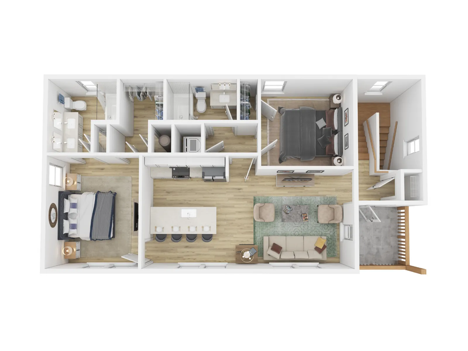 Modern 3D floor plan showcasing 2 bedrooms, open kitchen with island, and cozy living area, perfect for comfortable living.
