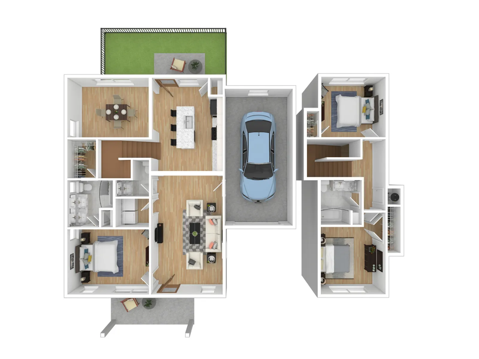 Modern floor plan featuring 3 bedrooms, a spacious open living area, stylish kitchen, and private garage, complemented by a cozy outdoor patio.