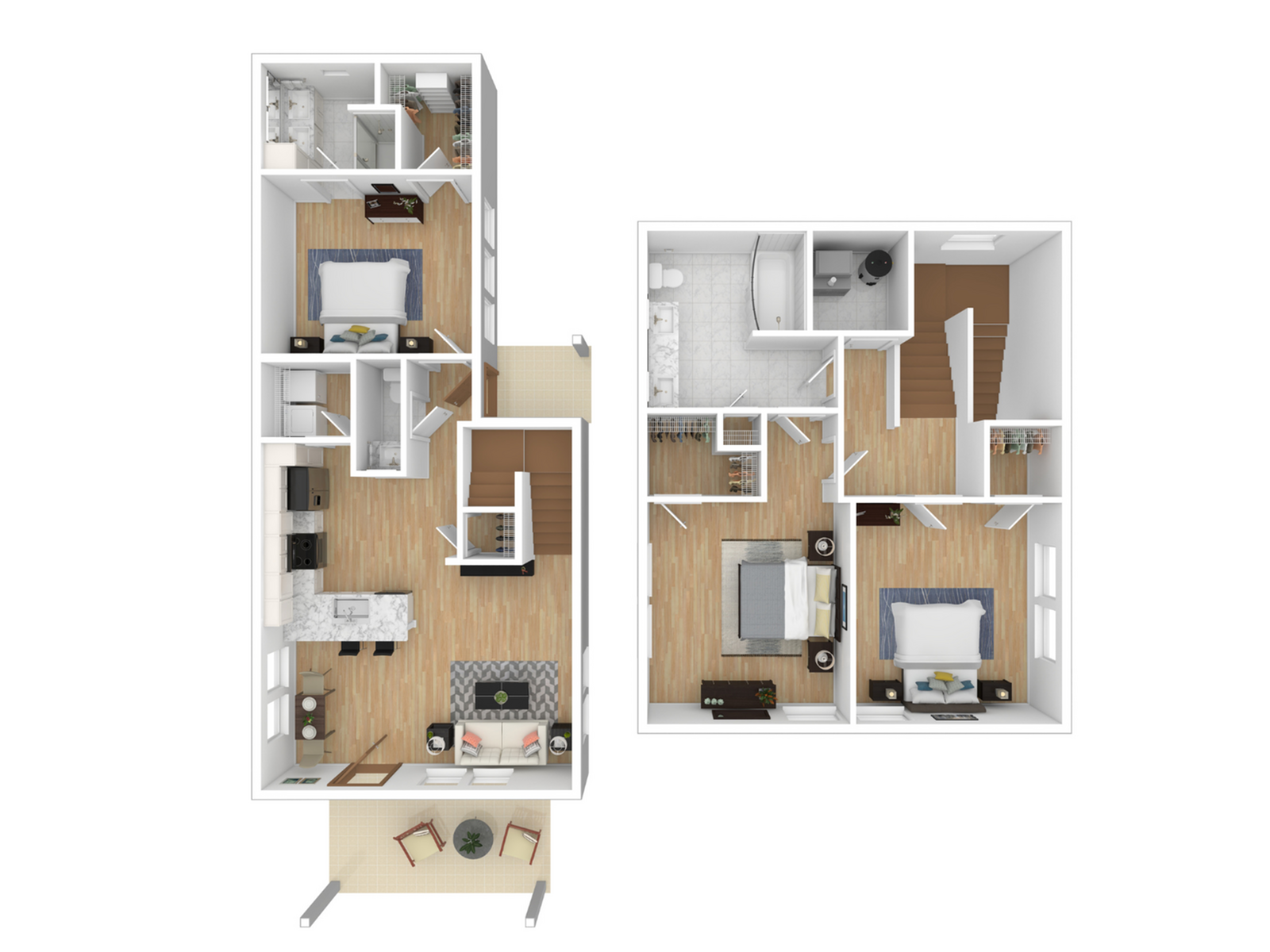 Elegant 2D floor plan showcasing a spacious apartment with 3 bedrooms, open concept living and dining area, modern kitchen, and cozy patio.