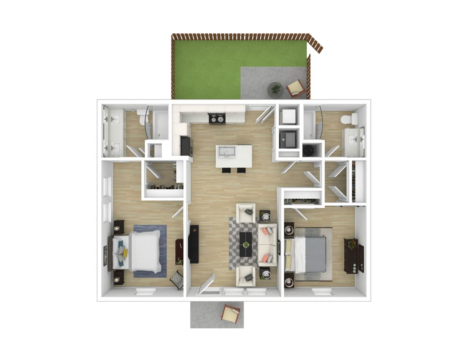 Modern floor plan showcasing 2 bedrooms, spacious living area, and sleek kitchen connected to a cozy patio.