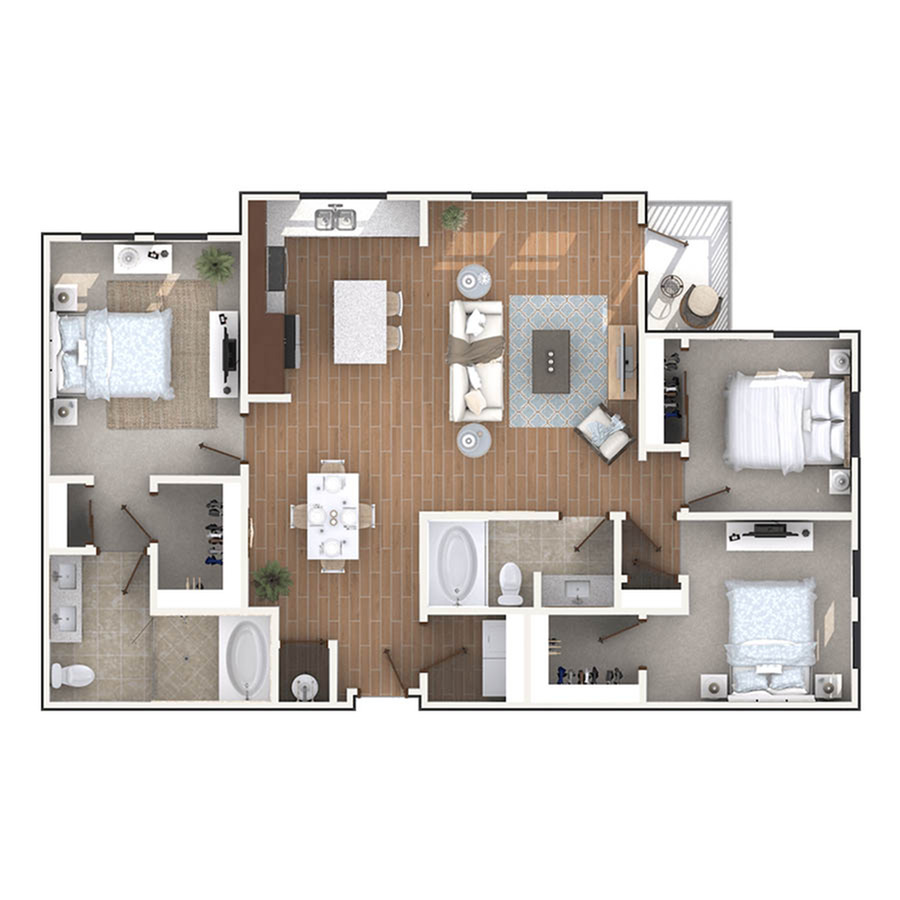 Modern floor plan showcasing a spacious 3-bedroom apartment with an open-concept living and dining area, two luxurious bathrooms, and a cozy balcony.