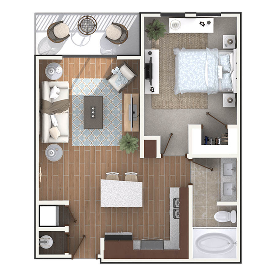 Cozy one-bedroom apartment floor plan featuring an open-concept living area, modern kitchen, and private balcony.