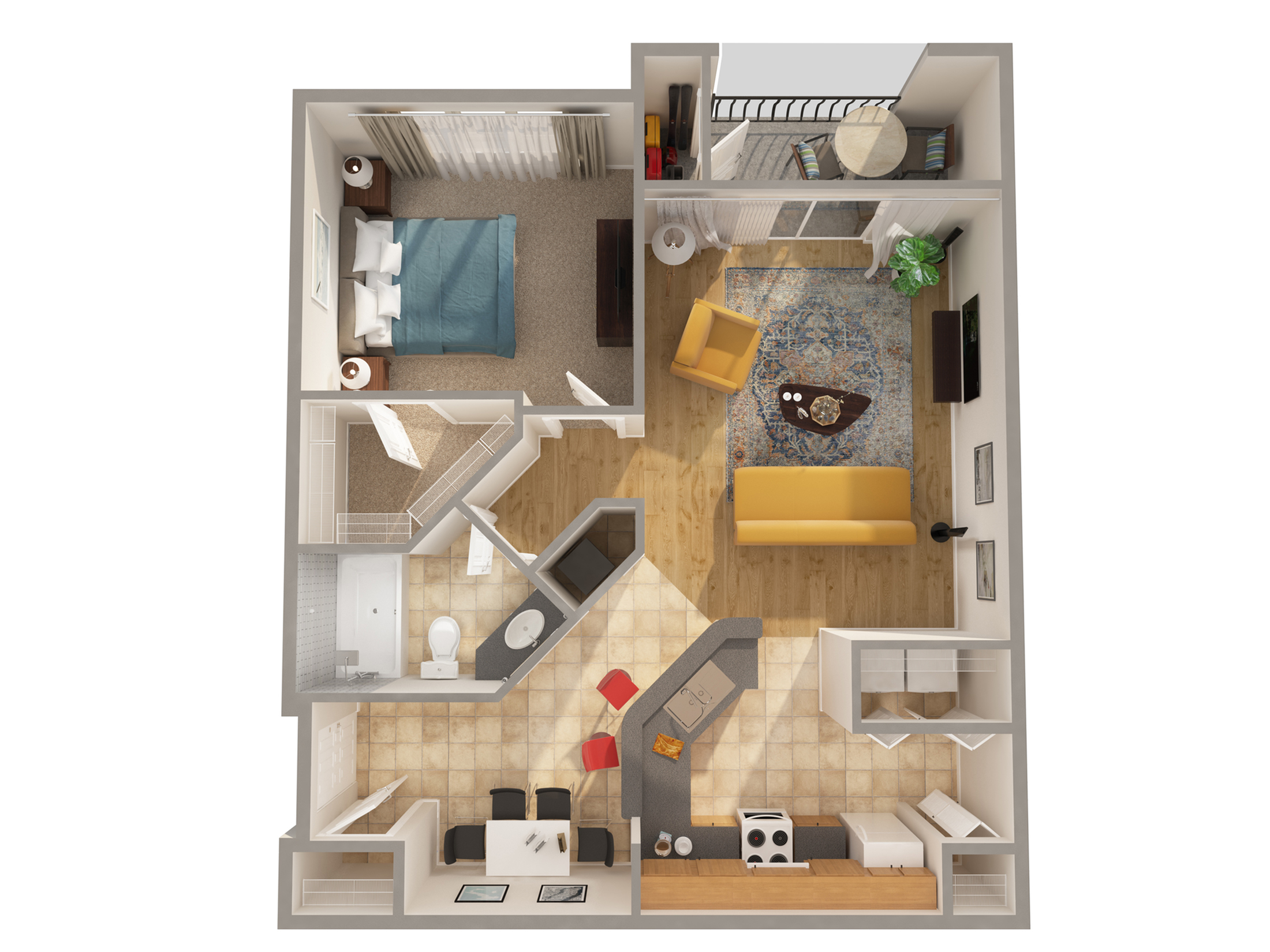 Cozy 1-bedroom apartment floor plan featuring a modern living room, a well-equipped kitchen, and a private balcony. Ideal for comfortable and elegant living.