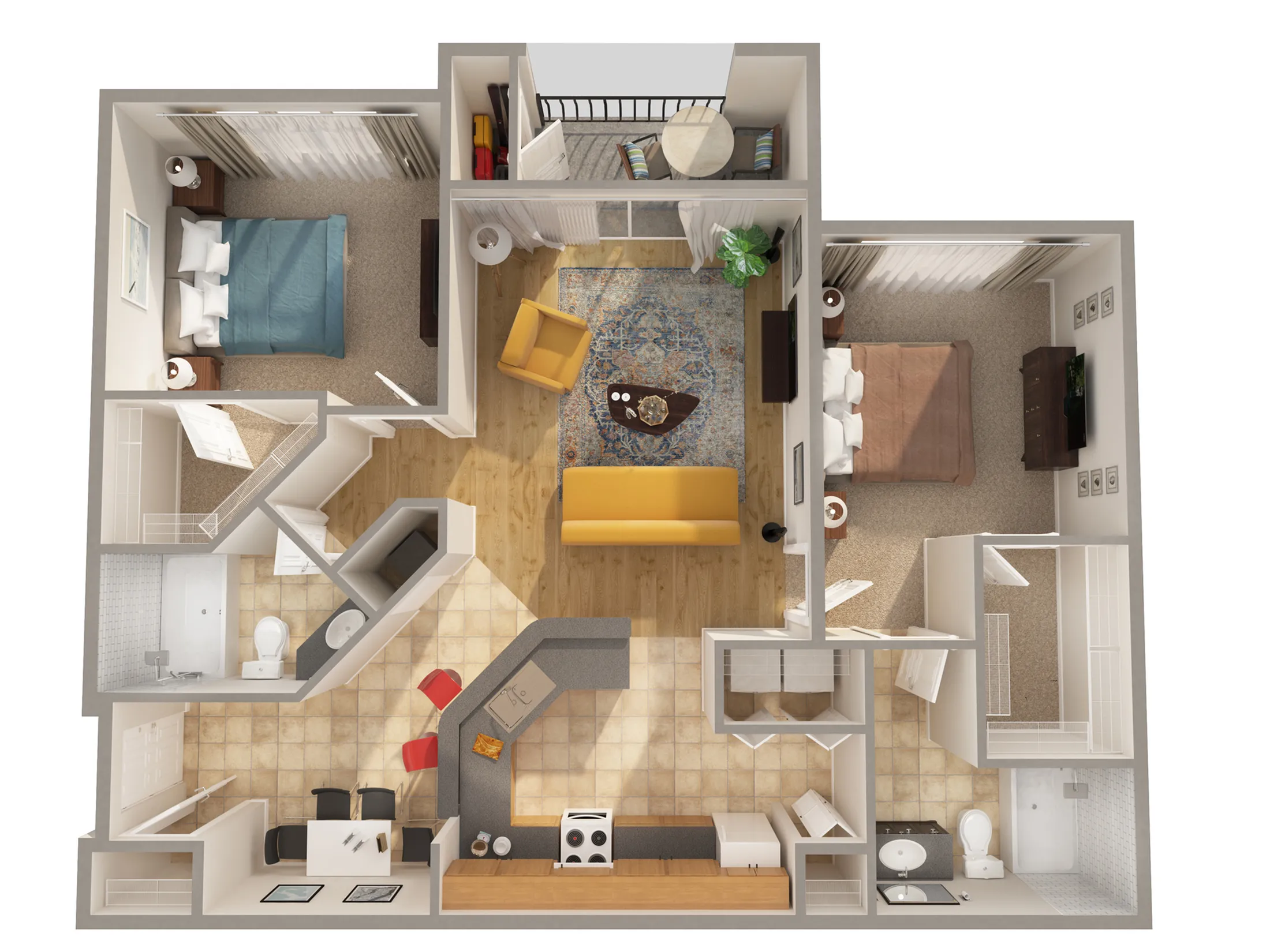 Charming 3D apartment floor plan showcasing two cozy bedrooms, a vibrant living room, modern kitchen, and balcony, perfect for comfortable living.