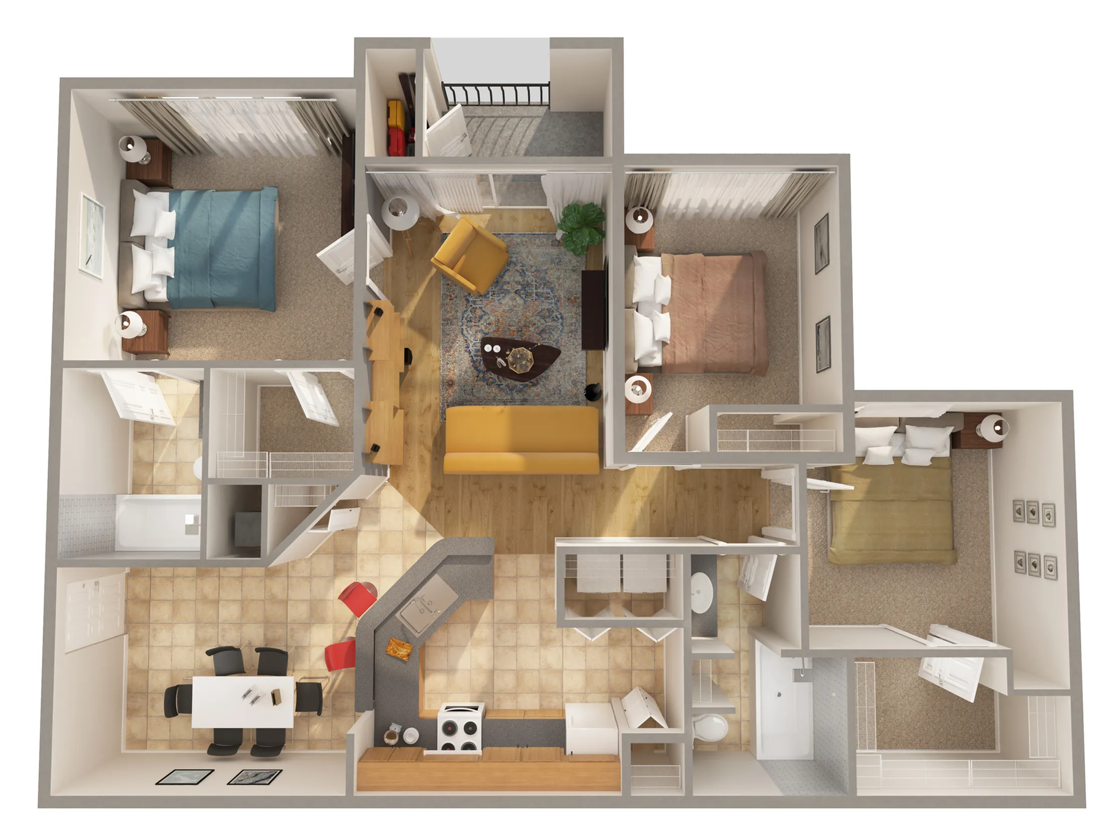Inviting 3D floor plan showcasing 3 cozy bedrooms, elegant living area, modern kitchen, and dining space with contemporary charm.