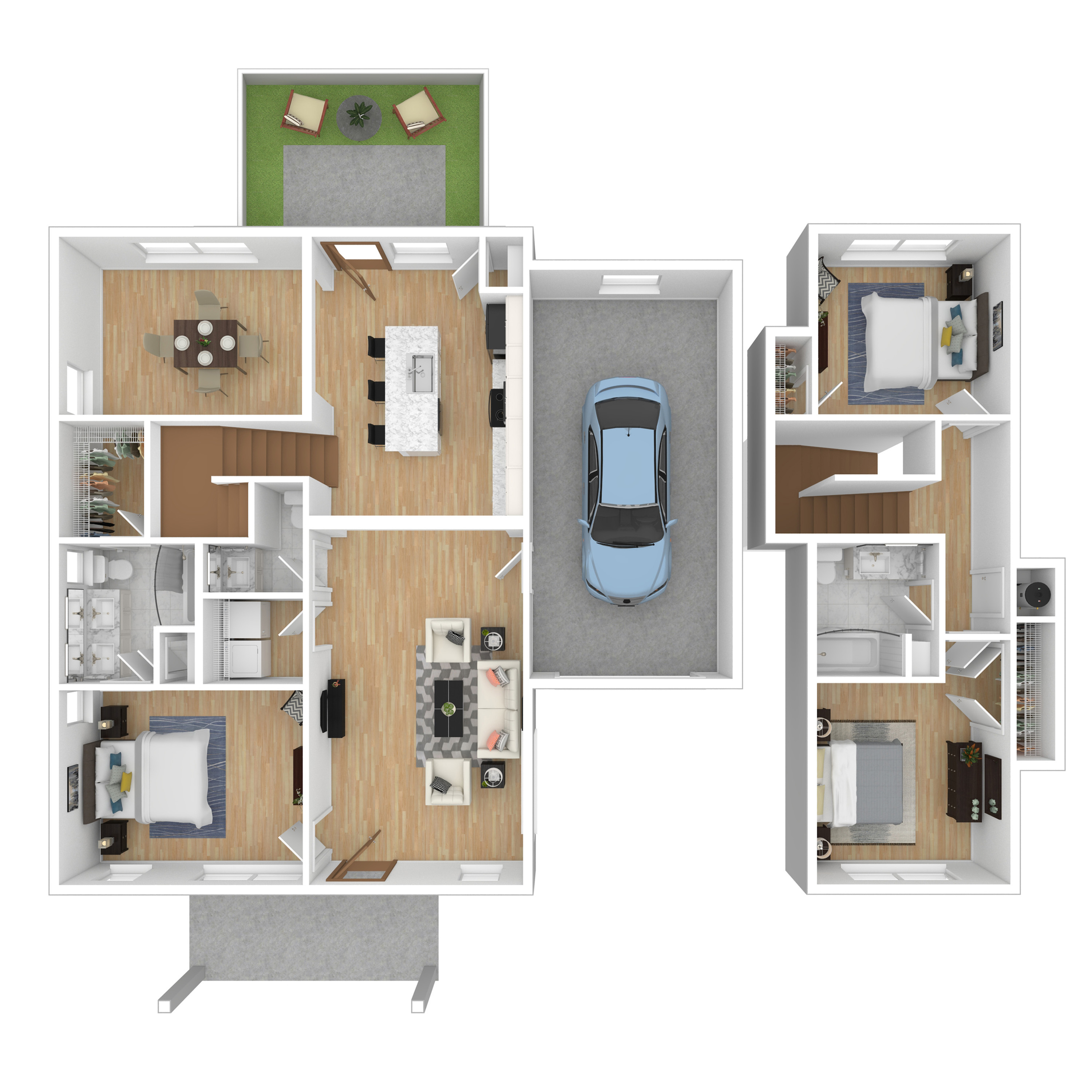 Contemporary 3D floor plan showcasing 3 bedrooms, an open-concept dining and kitchen area, spacious living room, and attached garage with modern finishes.